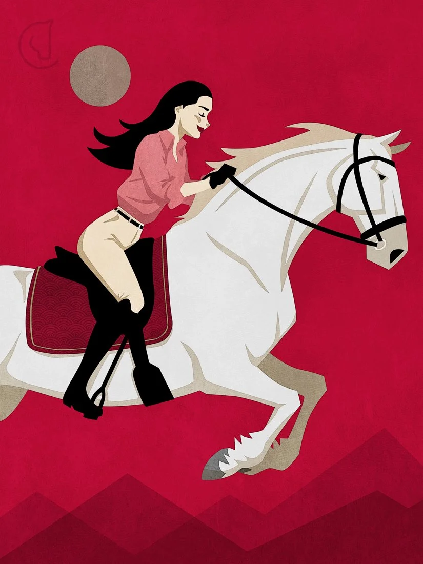 CAPALL - CHERRY - Ilustración de jinete mujer saliendo a la carga con su caballo - Charge