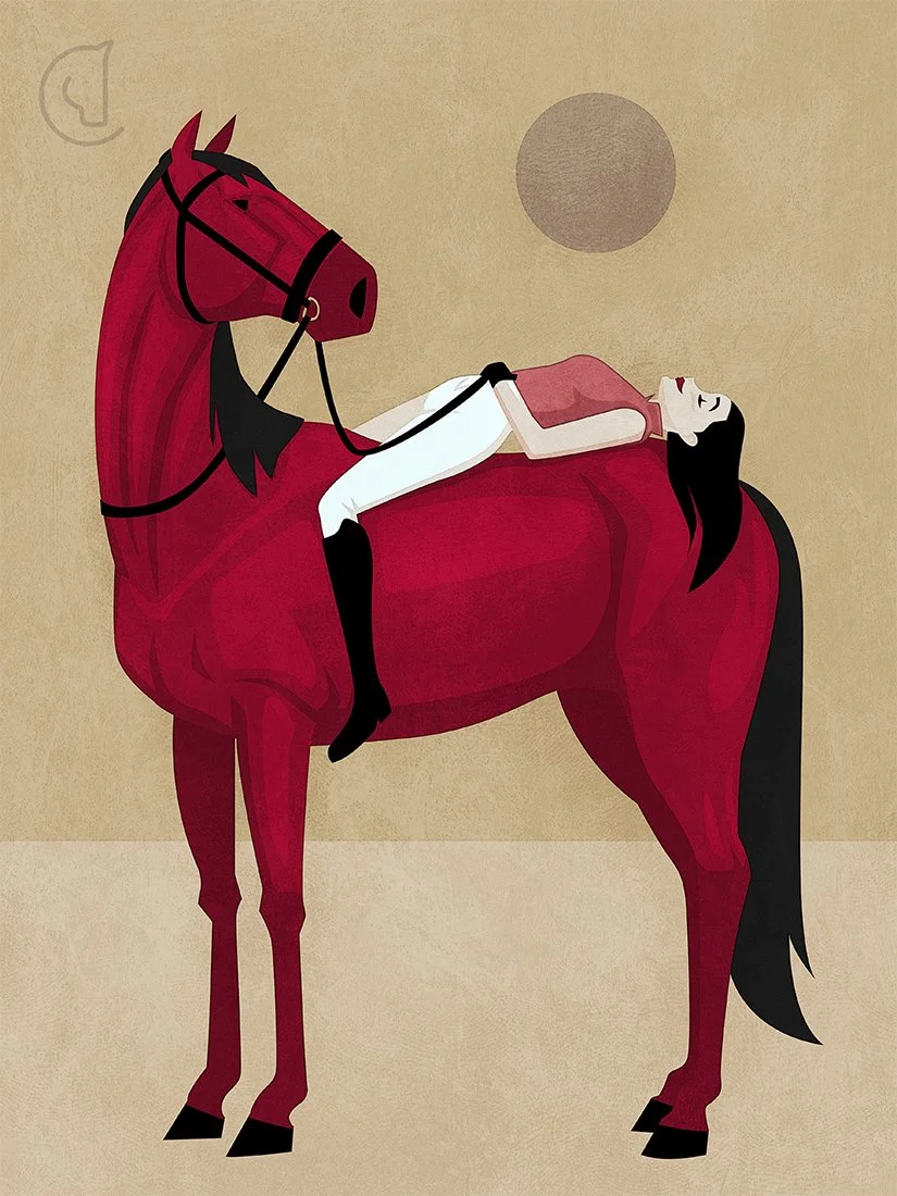 CAPALL - CHERRY - Ilustración de jinete mujer descansando sobre su caballo - Chill