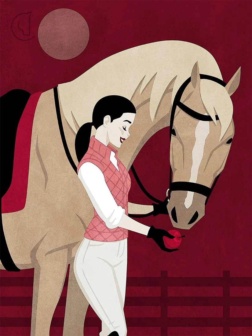 CAPALL - CHERRY - Ilustración de jinete mujer dándole una manzana a su caballo - Hungry?