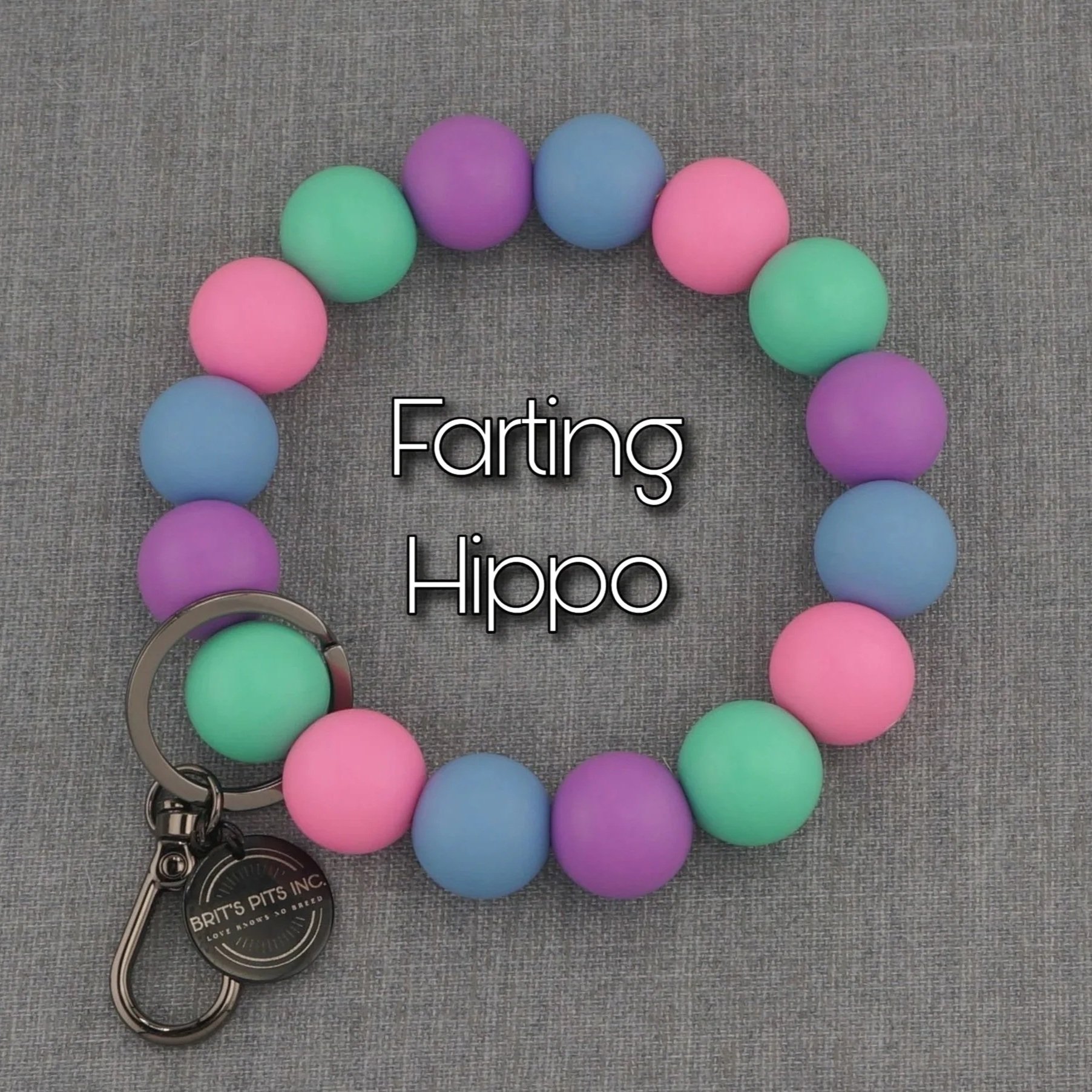 Farting Hippo. Stylish, custom beaded wristlet keychain in pink, blue, teal, purple.