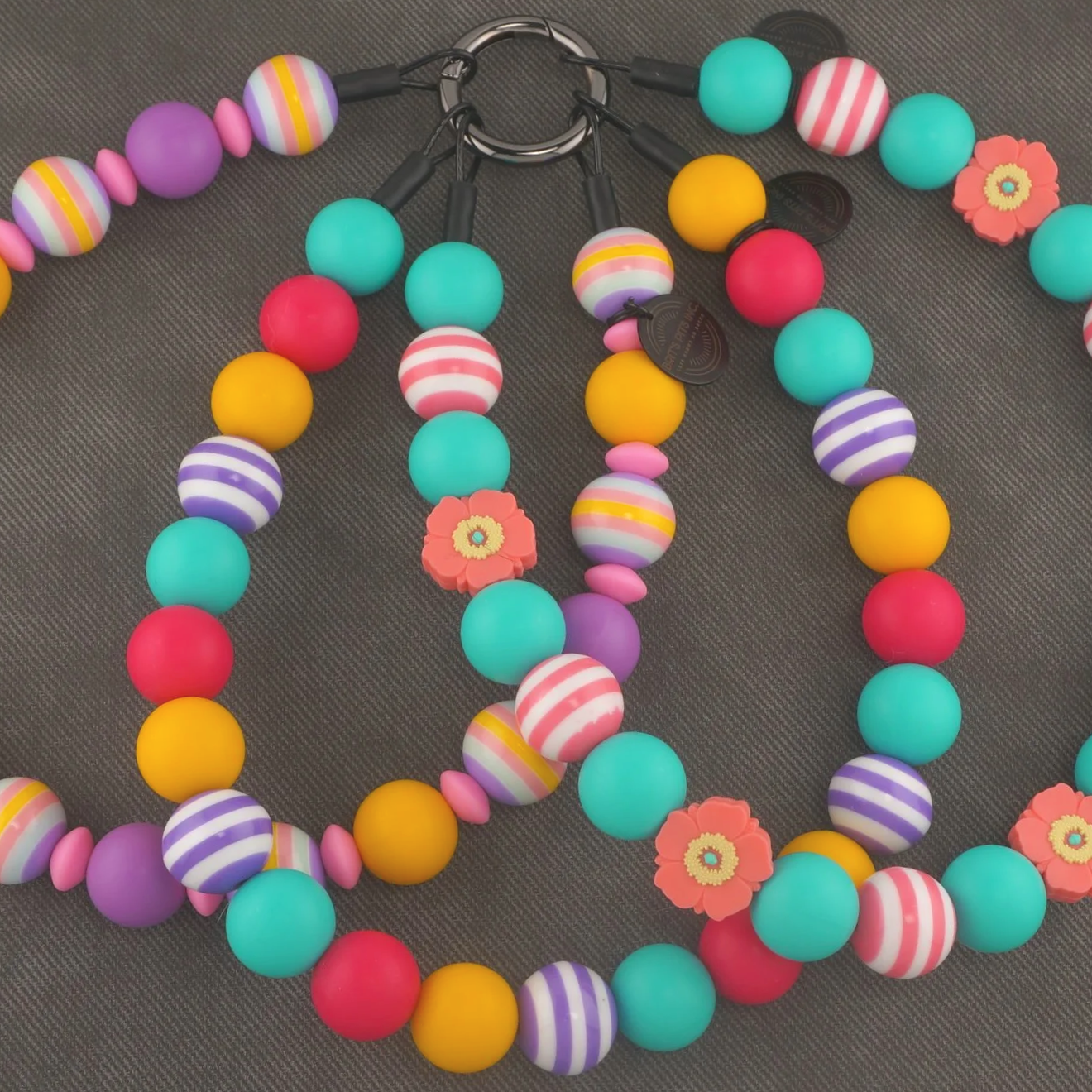 Coastal Chaos - Stylish beaded dog collar and necklace with bright yellow, pink, and blue with purple stripes.