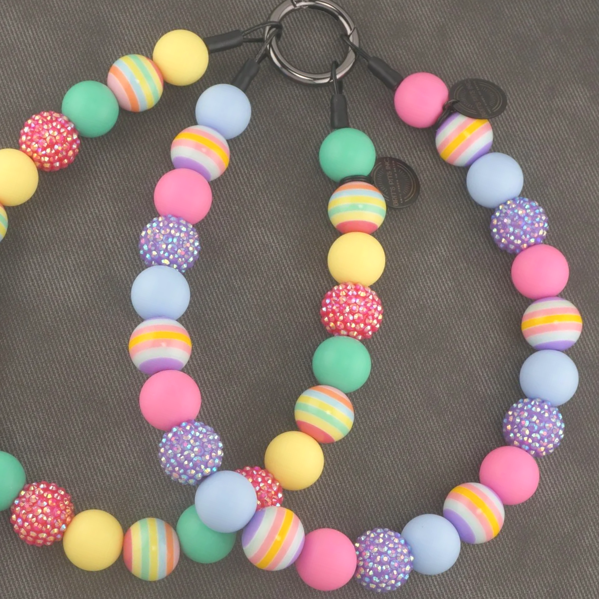 Stylish beaded dog collars and necklaces with pastel vibes, stripes, and rhinestones. (Copy)