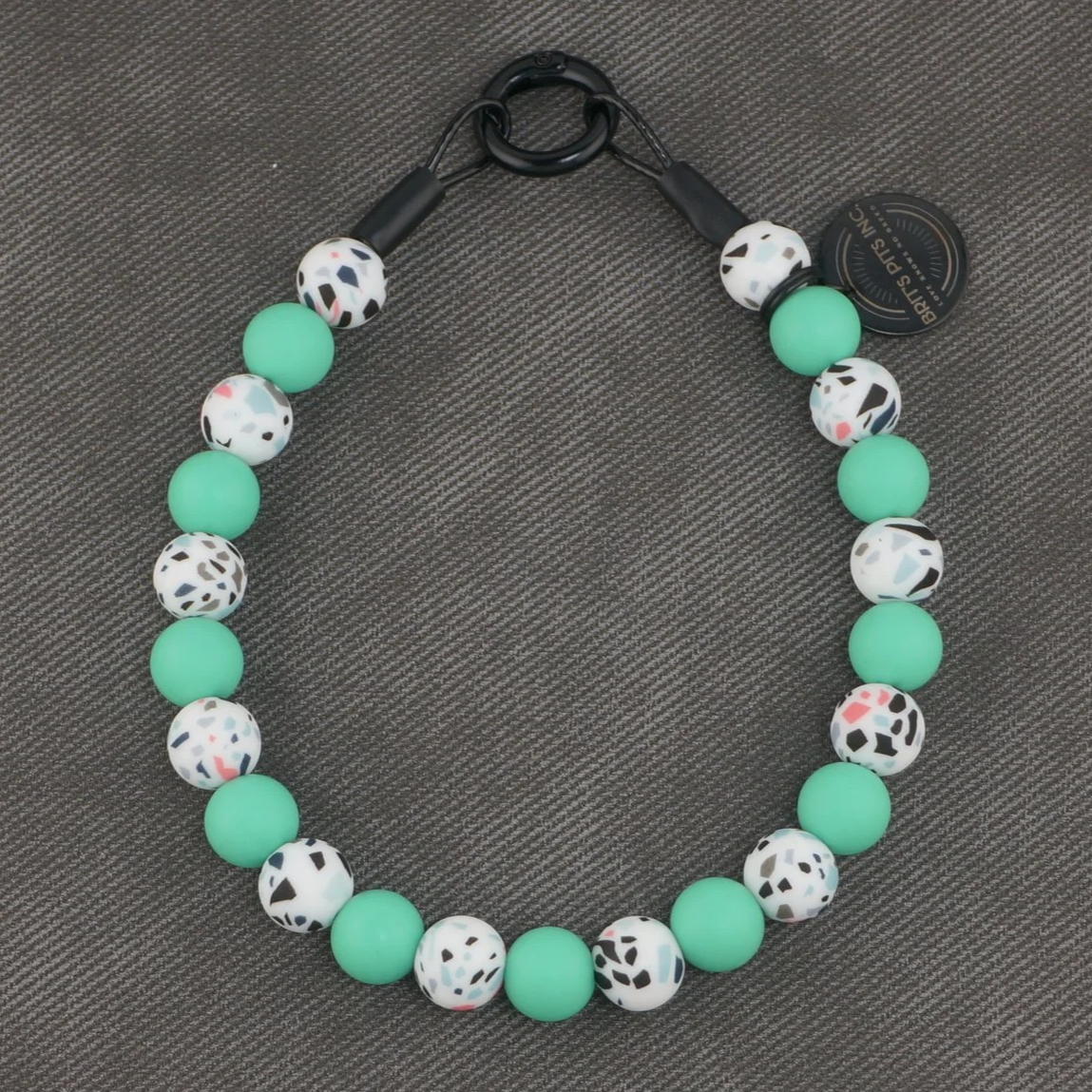 Stylish Custom Dog Collars and Necklaces with vacation vibes in teal, white, black, terrazzo pattern