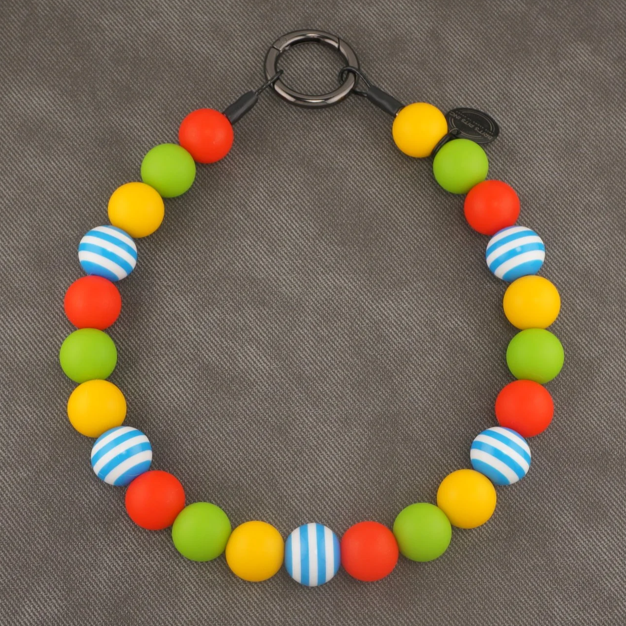 Cabana Crush - stylish beaded dog collar or necklace with blue, green, yellow, and blue stripe accents.