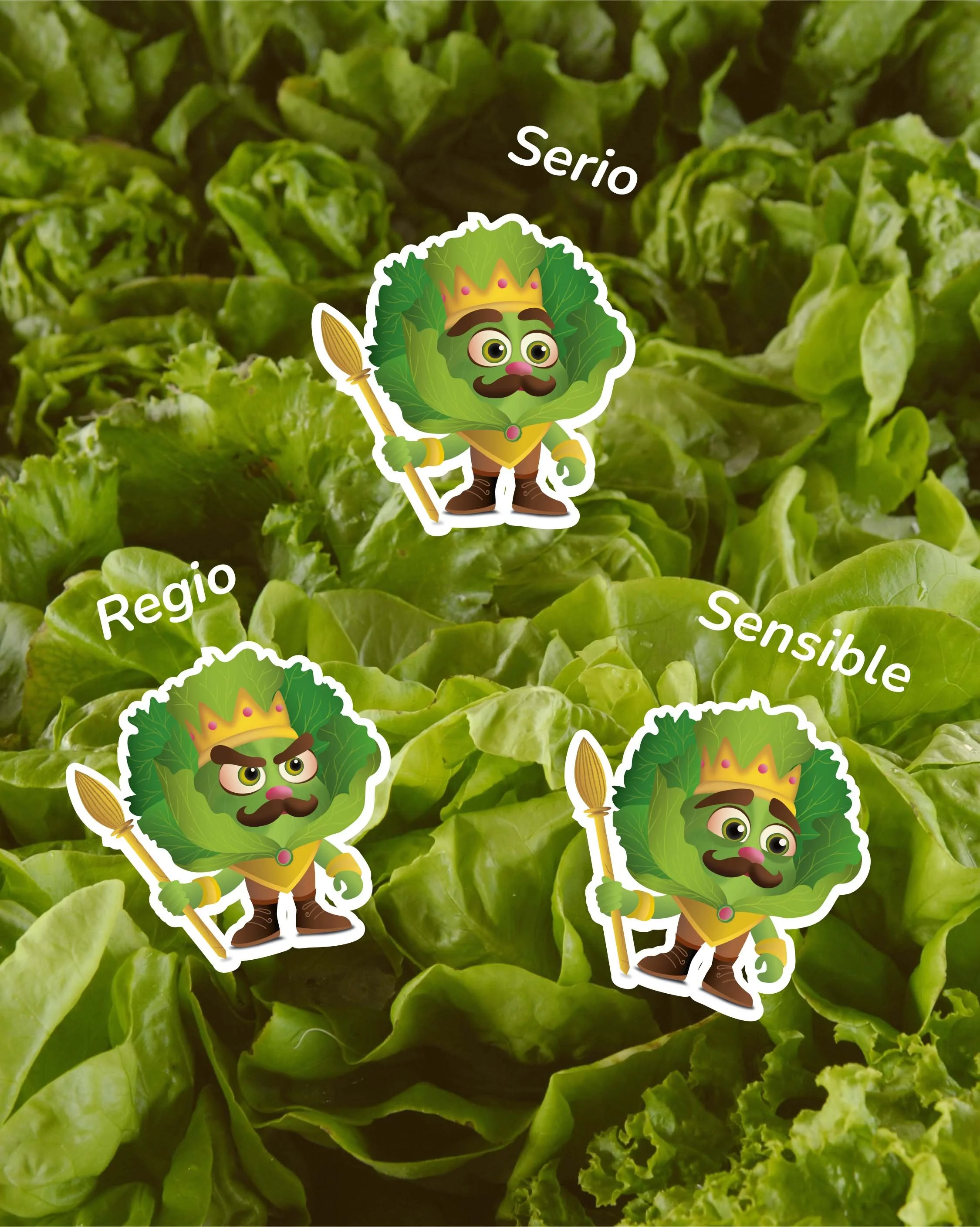 Tres variantes de expresión para el personaje Sir Mario el Rey de las Ensaladas de Pozo Sur.