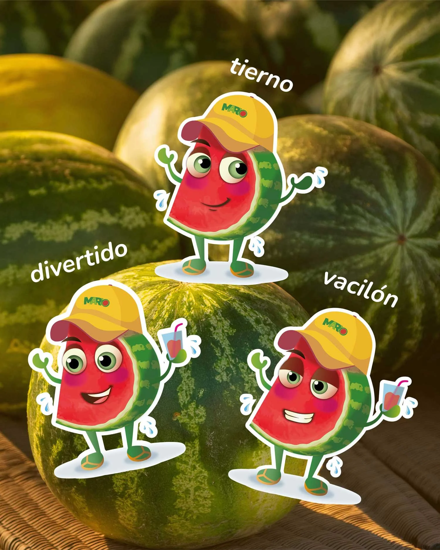 Dibujos animados de sandías con expresiones felices y variadas, usando gorras y reservando refrescos, con palabras en español como 'divertido', 'tiempo', 'vacilón'.