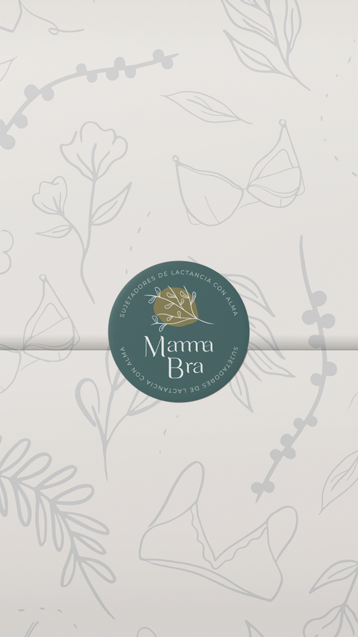 Etiqueta de "Mamma Bra" con un diseño de hojas y sujetadores de lactancia. Texto: "Sujetadores de lactancia con alma".