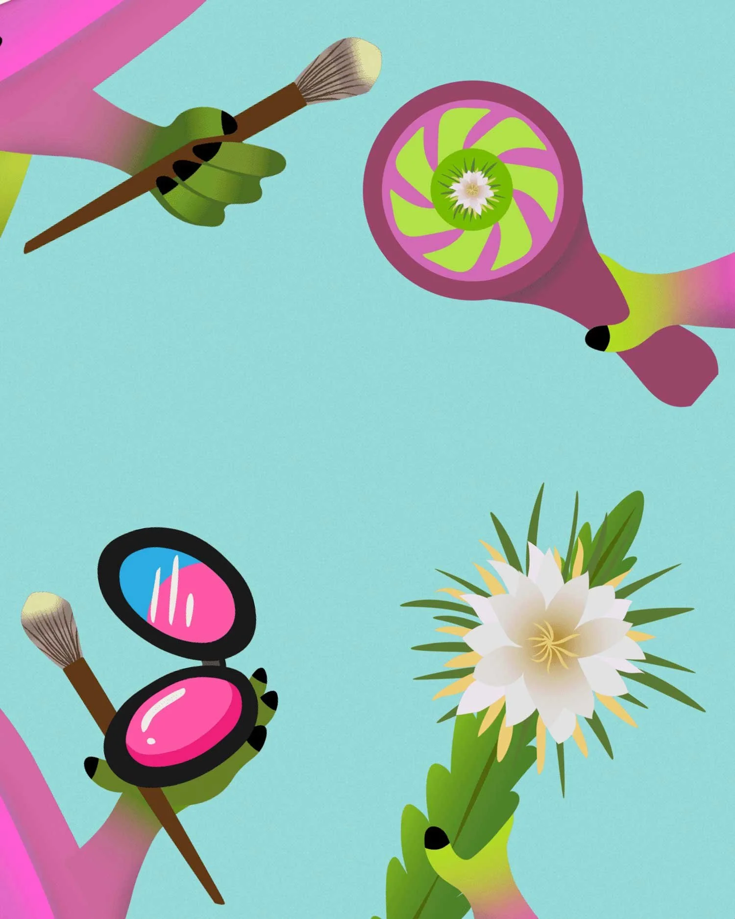 Conjunto de elementos ilustrados para la marca Dragón Ibériko: pincel de polinización flor de pitahaya y espejo de mano.