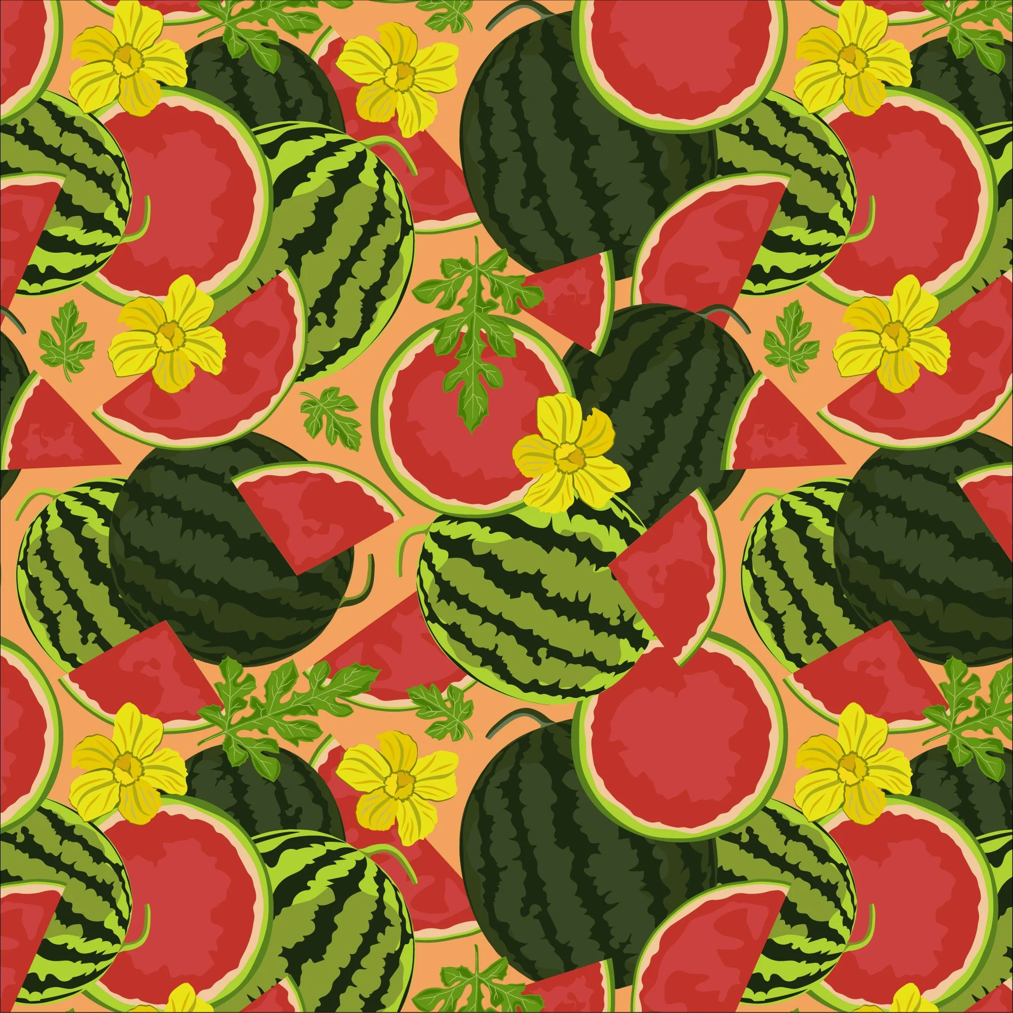 Ilustración de sandías enteras y en rodajas, con flores amarillas sobre fondo naranja.