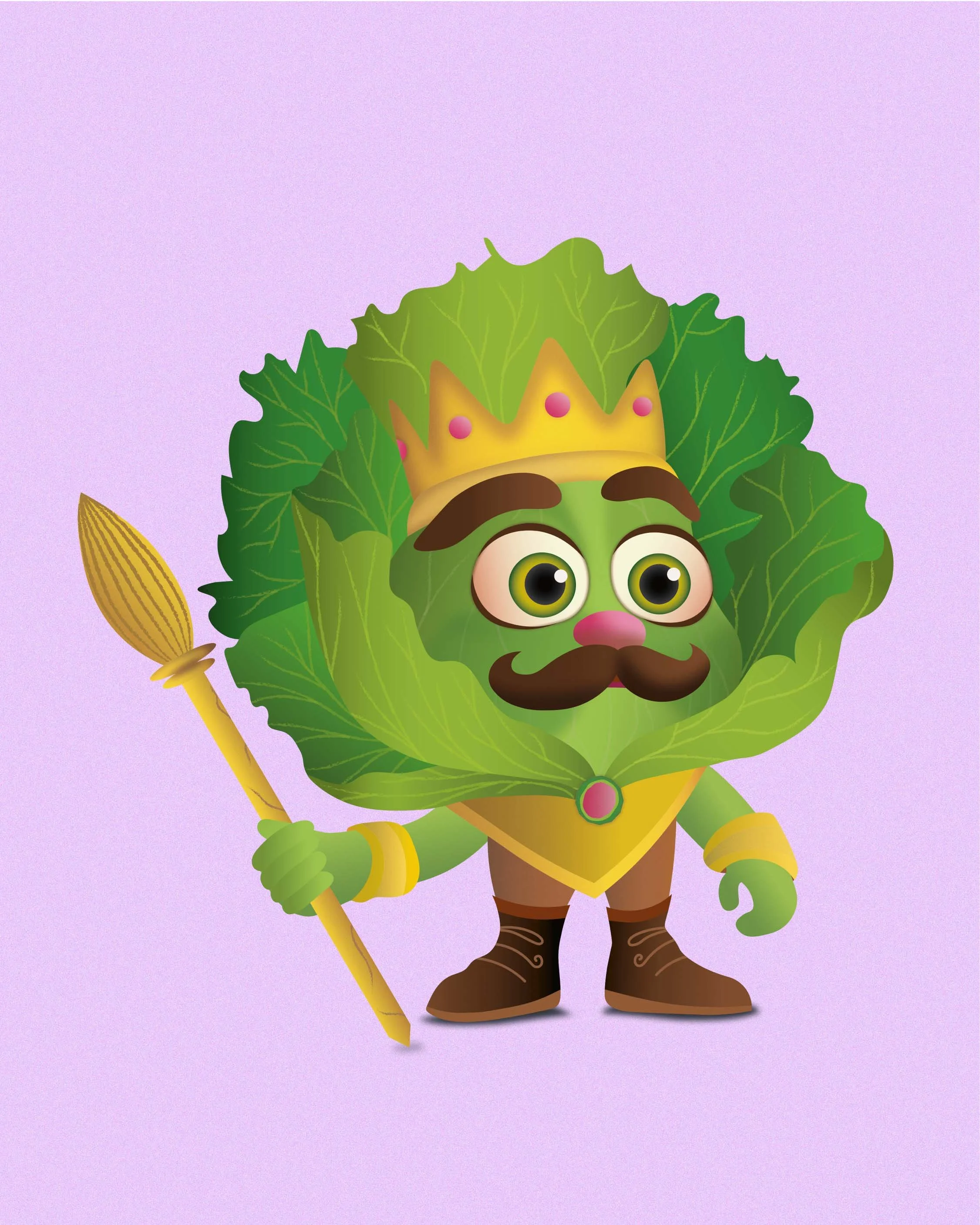 Ilustración completa del personaje de lechuga Sir Mario: una lechuga con corona cetro y capa diseñada para el branding de Pozo Sur.