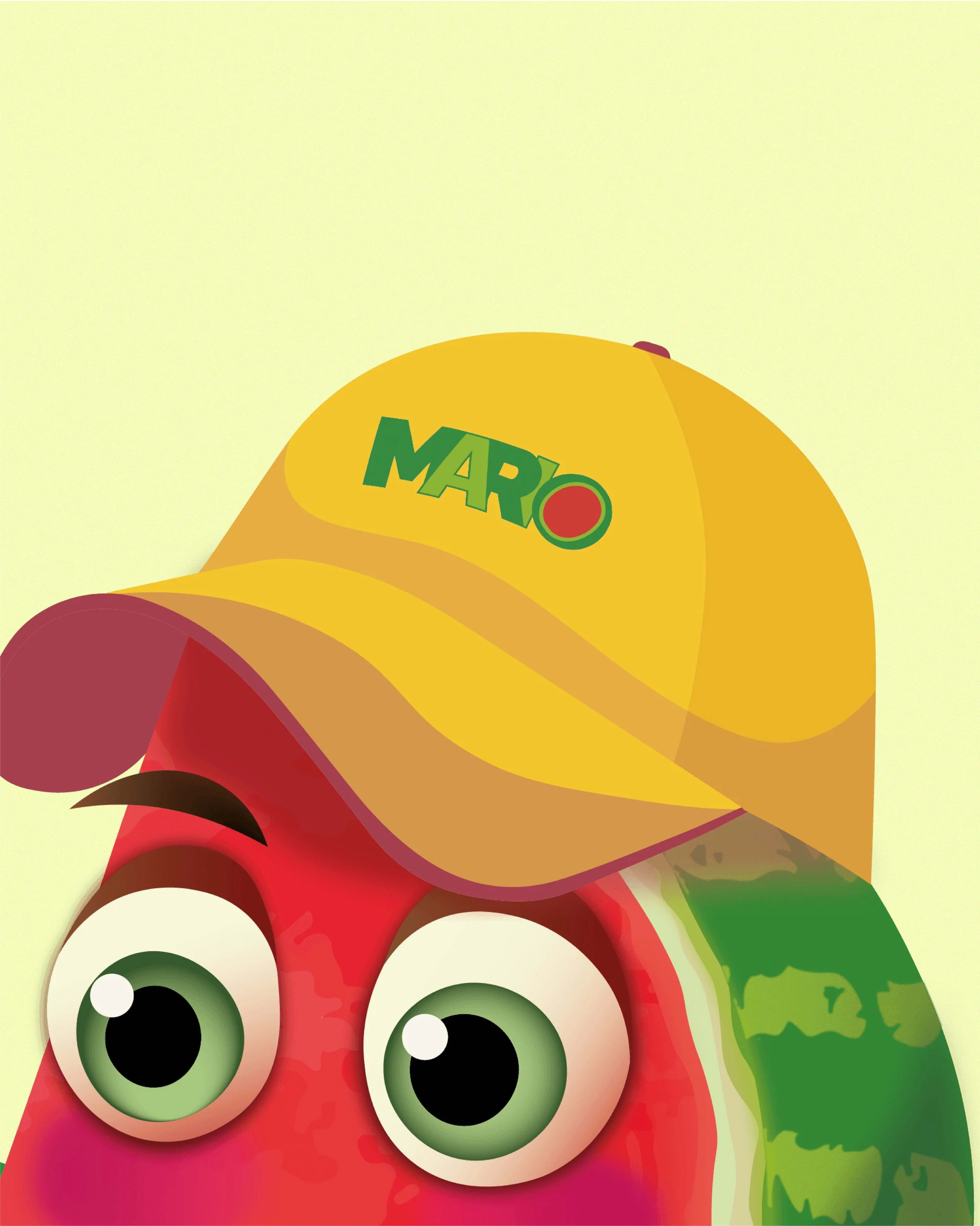Detalle en primer plano de los ojos y la gorra del personaje de sandía Mario resaltando la expresividad del diseño.