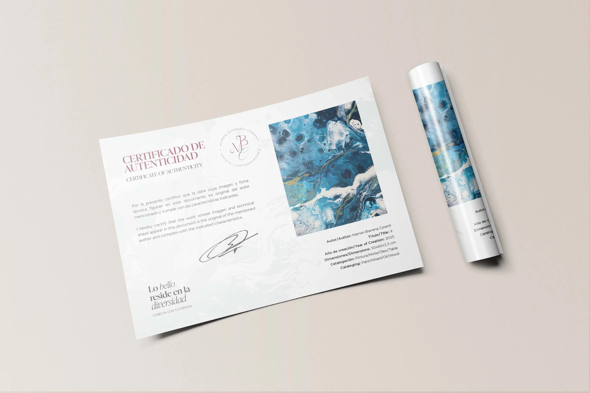 Diseño de certificado de autenticidad para cuadros originales de M.B. Coranti incluyendo ficha técnica y firma de la autora.