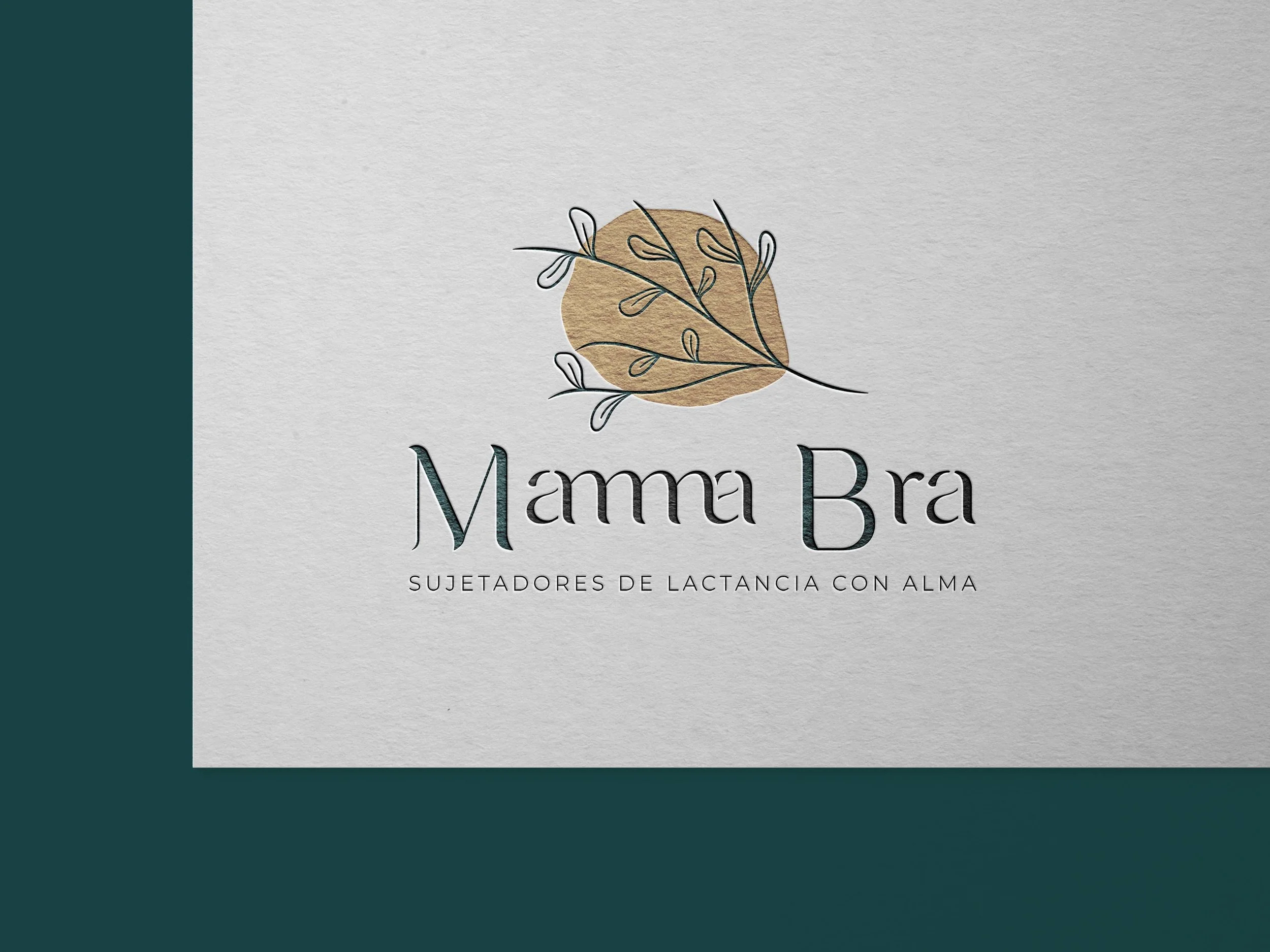 Tarjeta de presentación con diseño minimalista y una ilustración de rama con hojas en el centro, texto que dice 'Mamma Bra', y subtítulo que indica 'Sujetadores de lactancia con alma'.