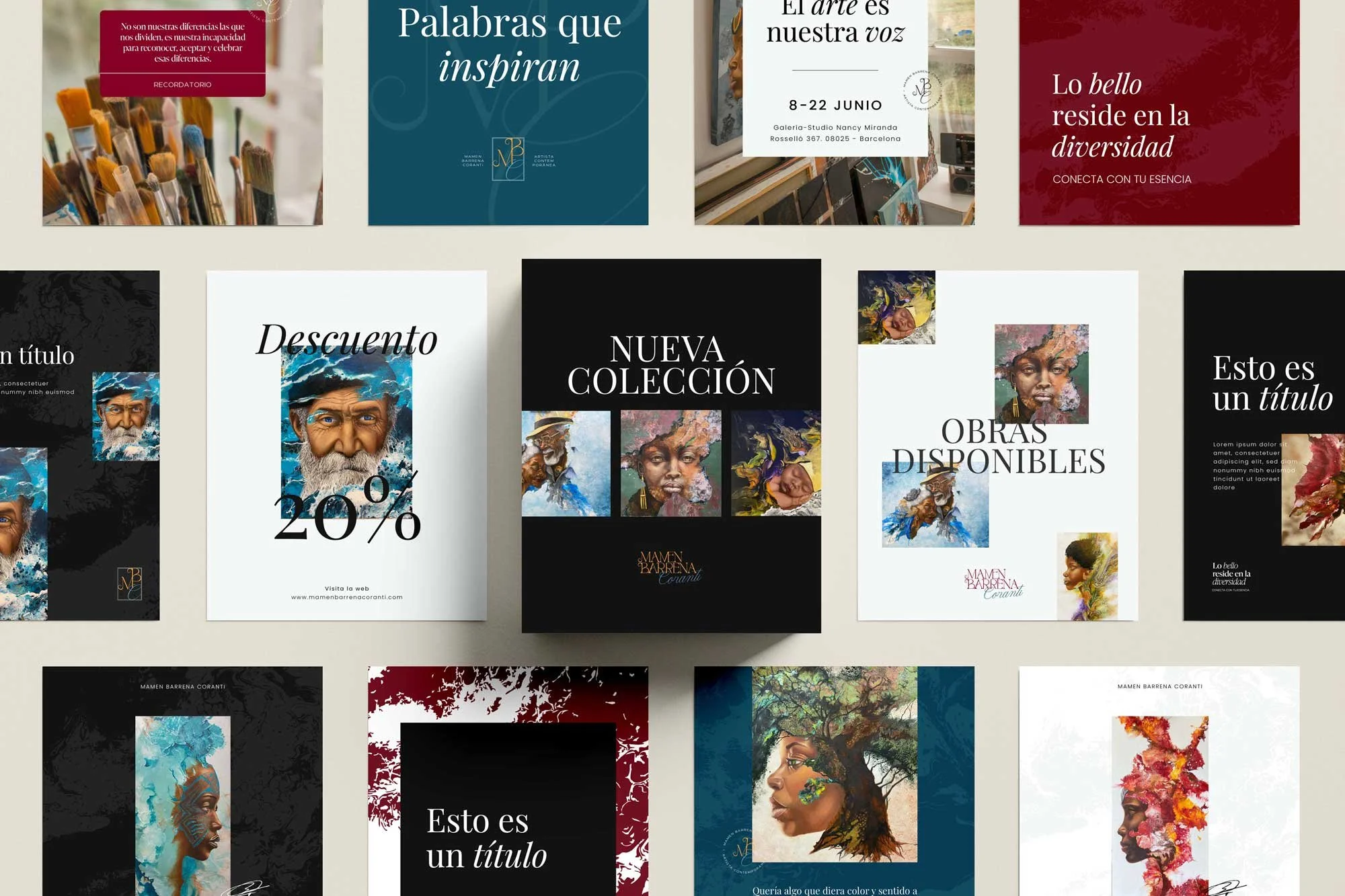 Conjunto de plantillas para Instagram de M.B. Coranti que integran obra pictórica frases inspiradoras y tipografía elegante.