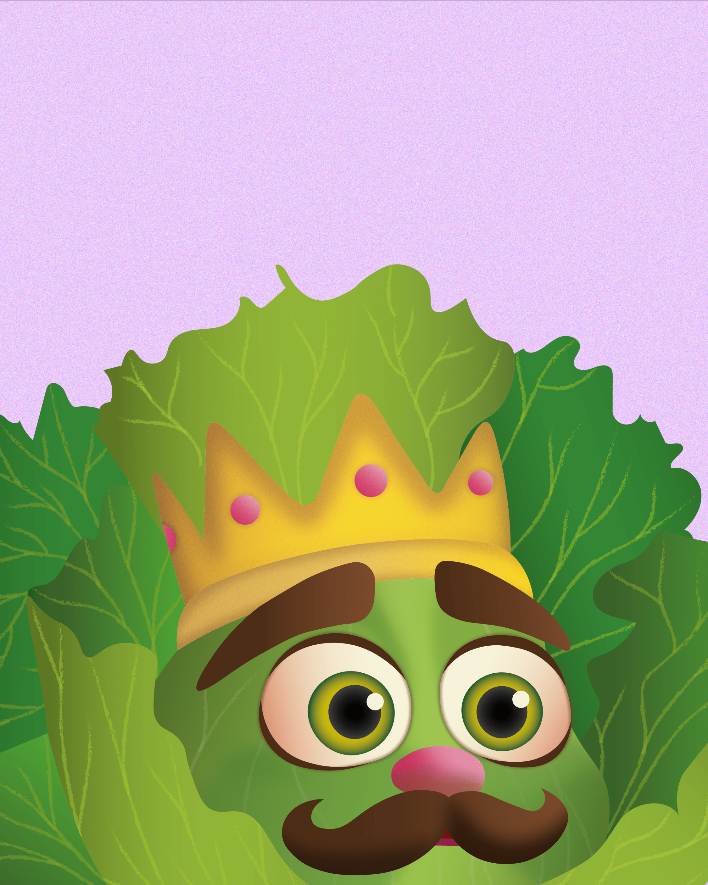 Ilustración de personaje de lechuga para la marca agroalimentaria Pozo Sur que tiene por nombre 'El Rey de las Ensaladas'. Tiene grandes ojos, bigote y una corona en la cabeza.