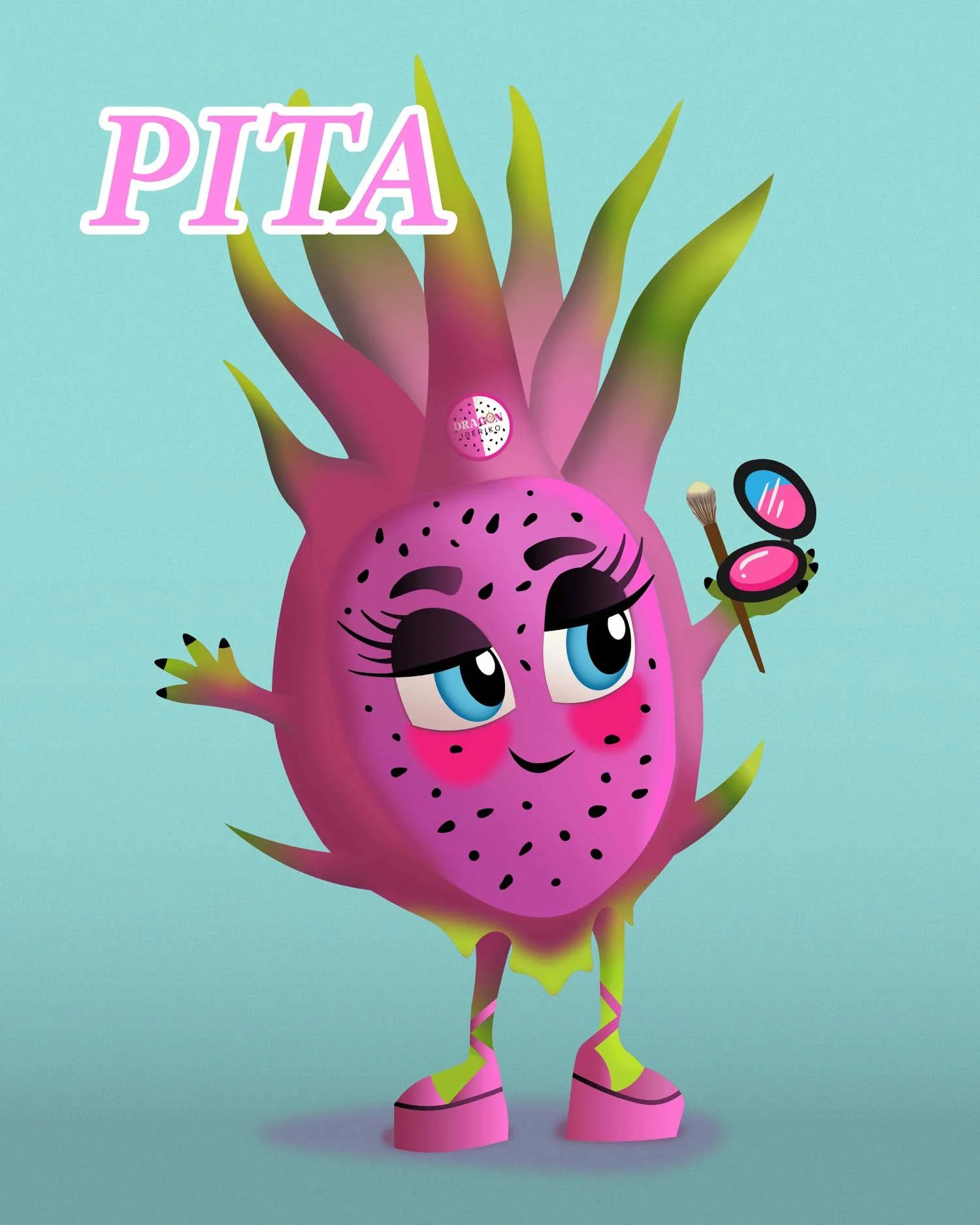 Retrato de cuerpo completo del personaje de pitahaya Pita destacando el uso de sombras y luces para dar volumen a la ilustración de producto.