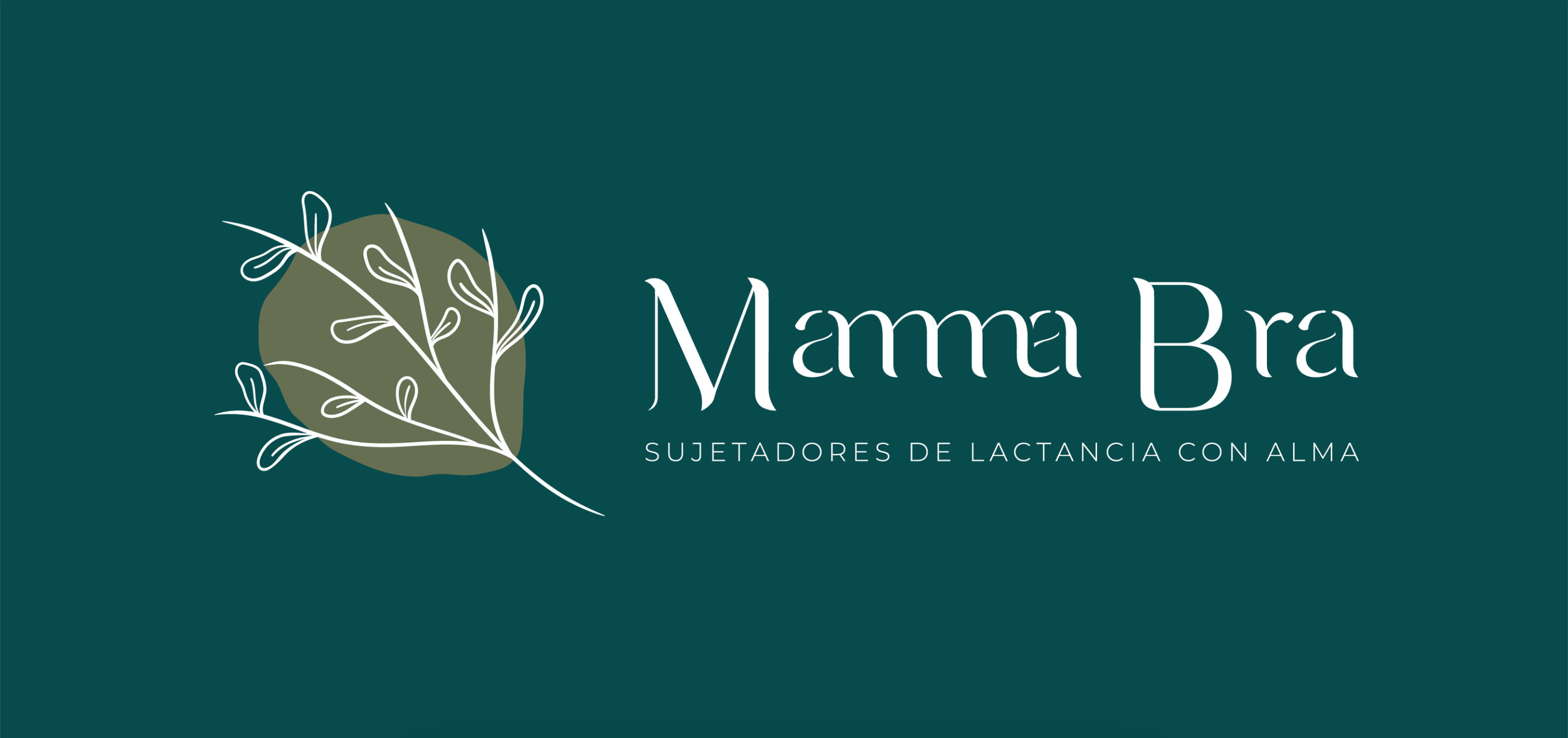Logotipo de Mamma Bra con diseño de hoja y texto "Sujetadores de lactancia con alma" en fondo verde oscuro.
