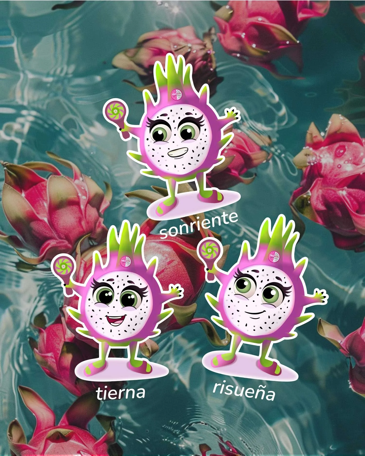 Variaciones de expresiones faciales para el personaje de pitahaya Haya diseñadas para conectar emocionalmente con el consumidor.