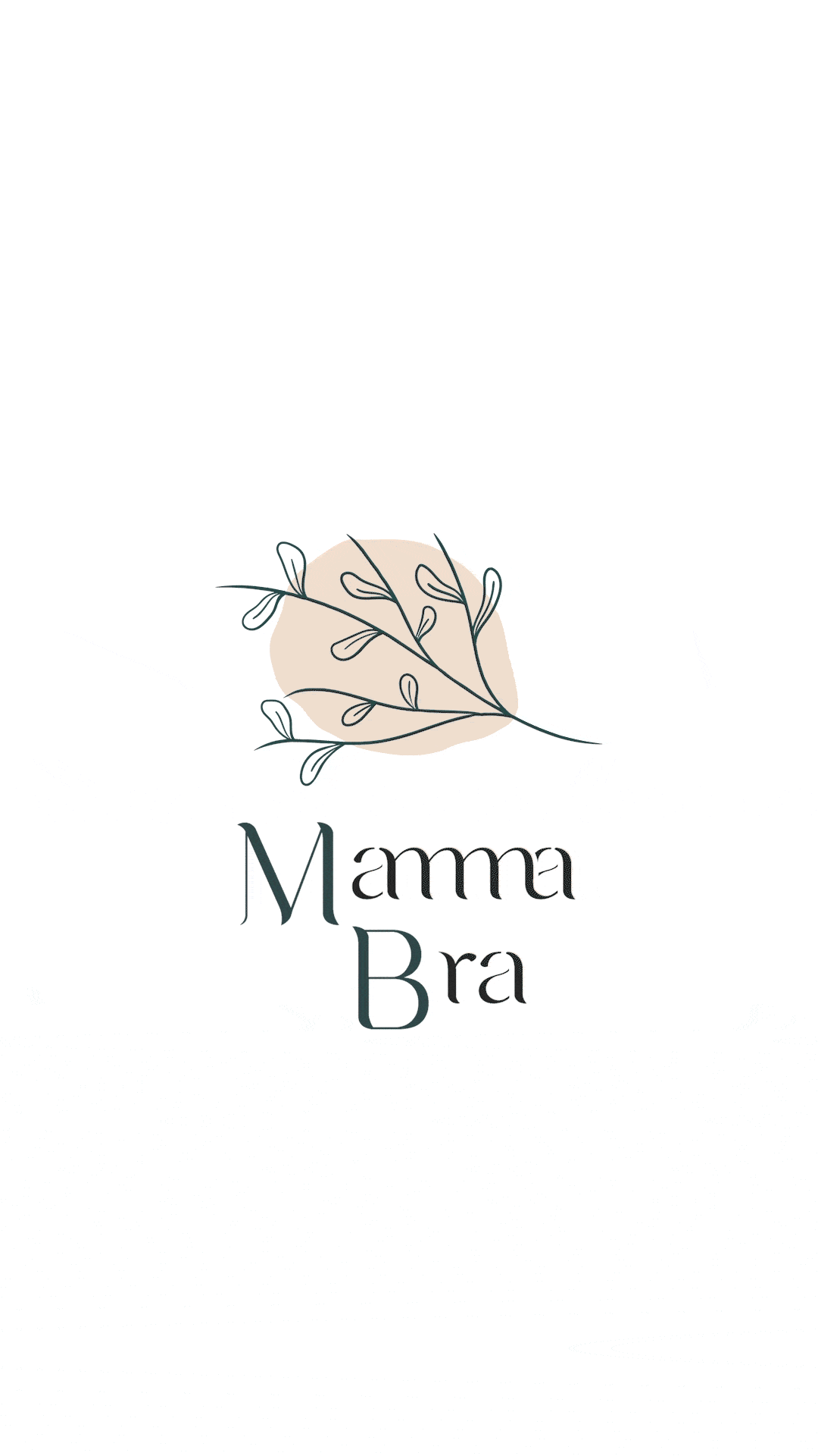 Diseño de una rama con hojas y el texto "Mama Bra" en letras elegantes y estilizadas, con un fondo blanco y un círculo beige detrás de la rama.