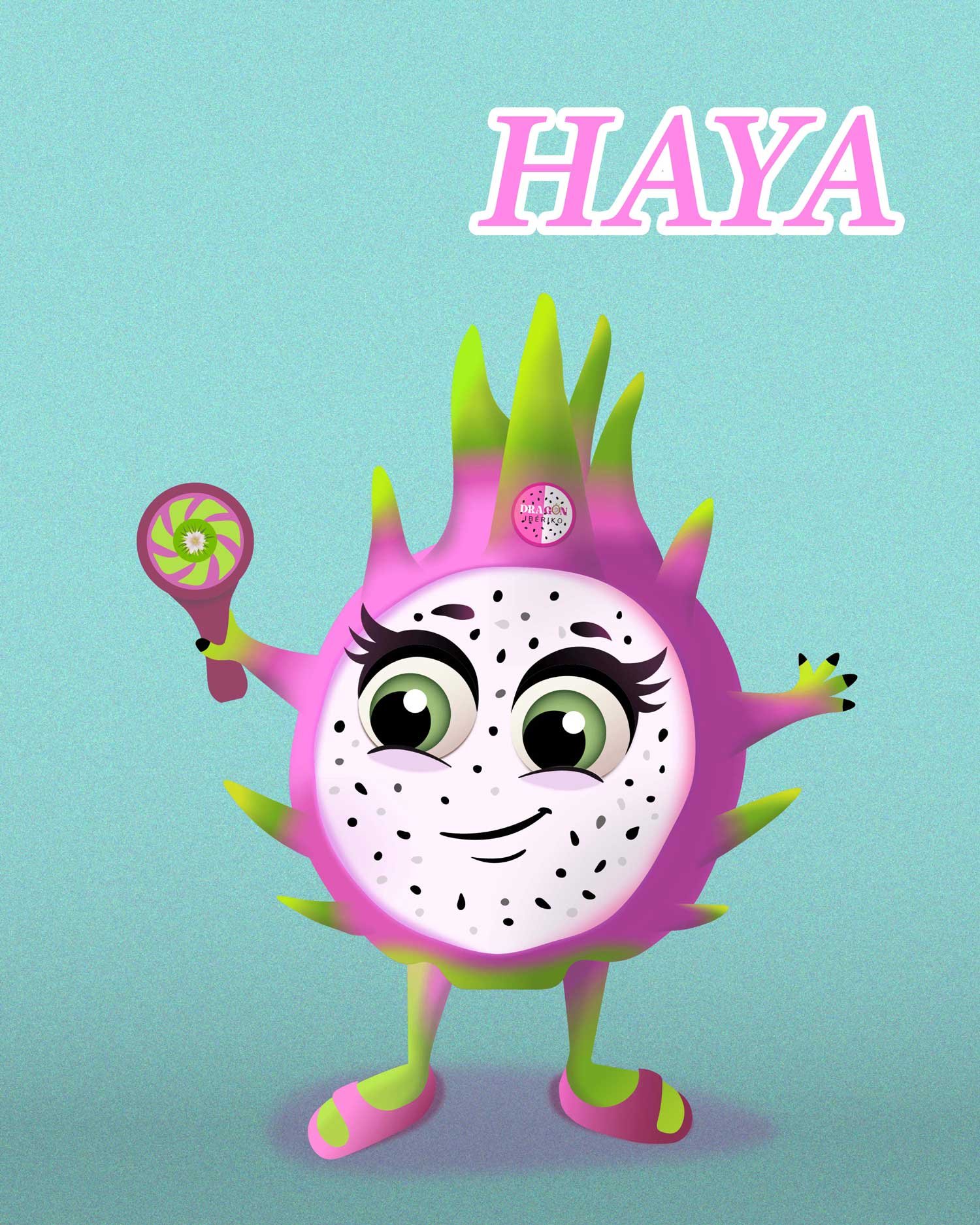 Ilustración completa del personaje de pitahaya Haya para la submarca de pitahaya blanca incluyendo su naming con tipografía de estilo veraniego.