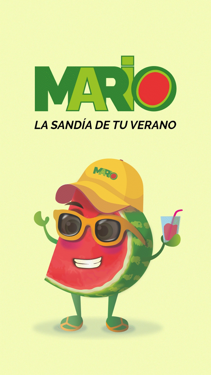 Ilustración de una rodaja de sandía con cara sonriente, gafas de sol, gorra y sandalias, sosteniendo una bebida. Texto "Mario: la sandía de tu verano".