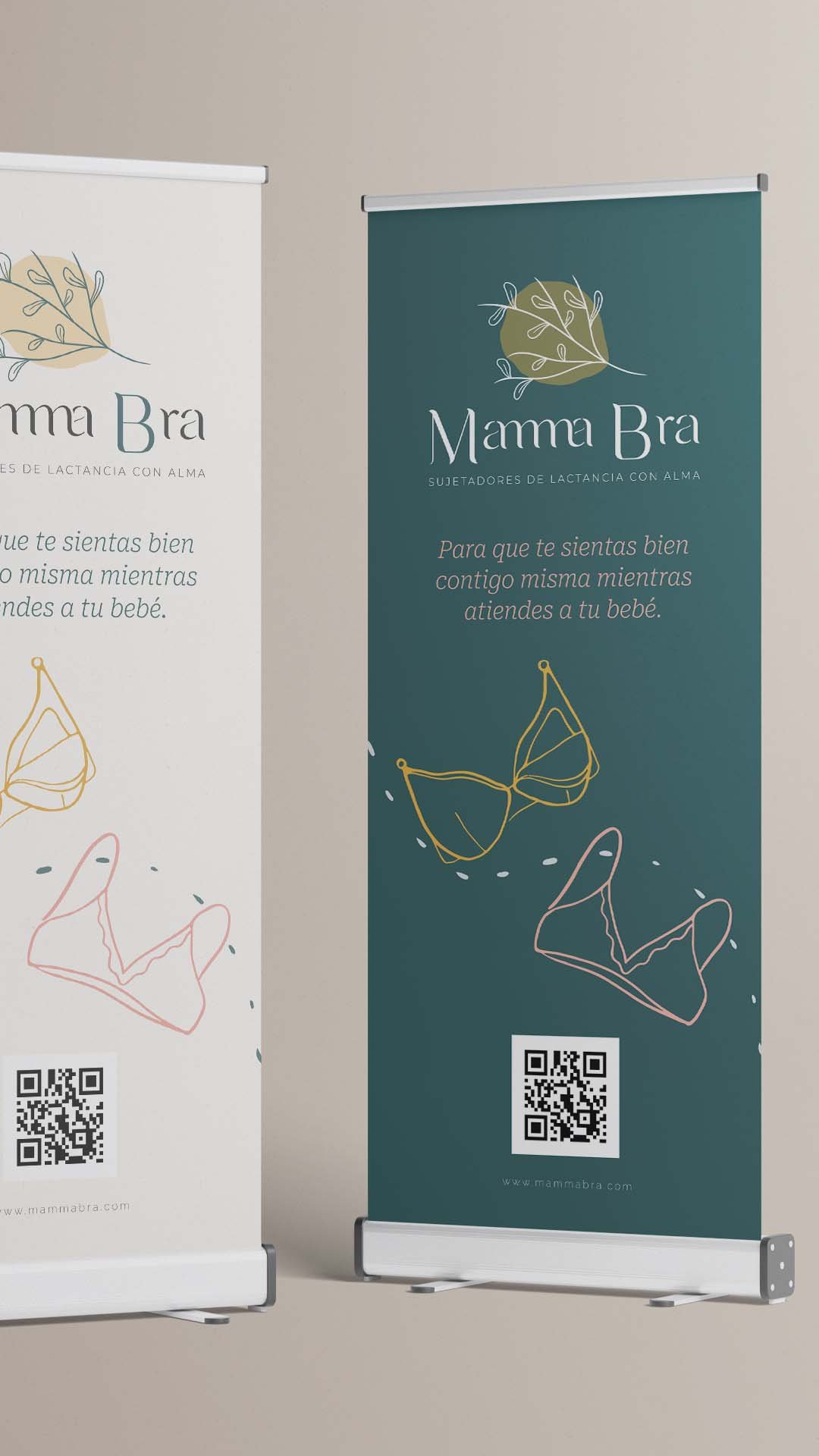 Banner verde con texto en español y dibujos de mariposas lineales, promoviendo un servicio de lactancia con alma, que ayuda a sentirte bien contigo misma mientras atiendes a tu bebé, que incluye un código QR y una página web.