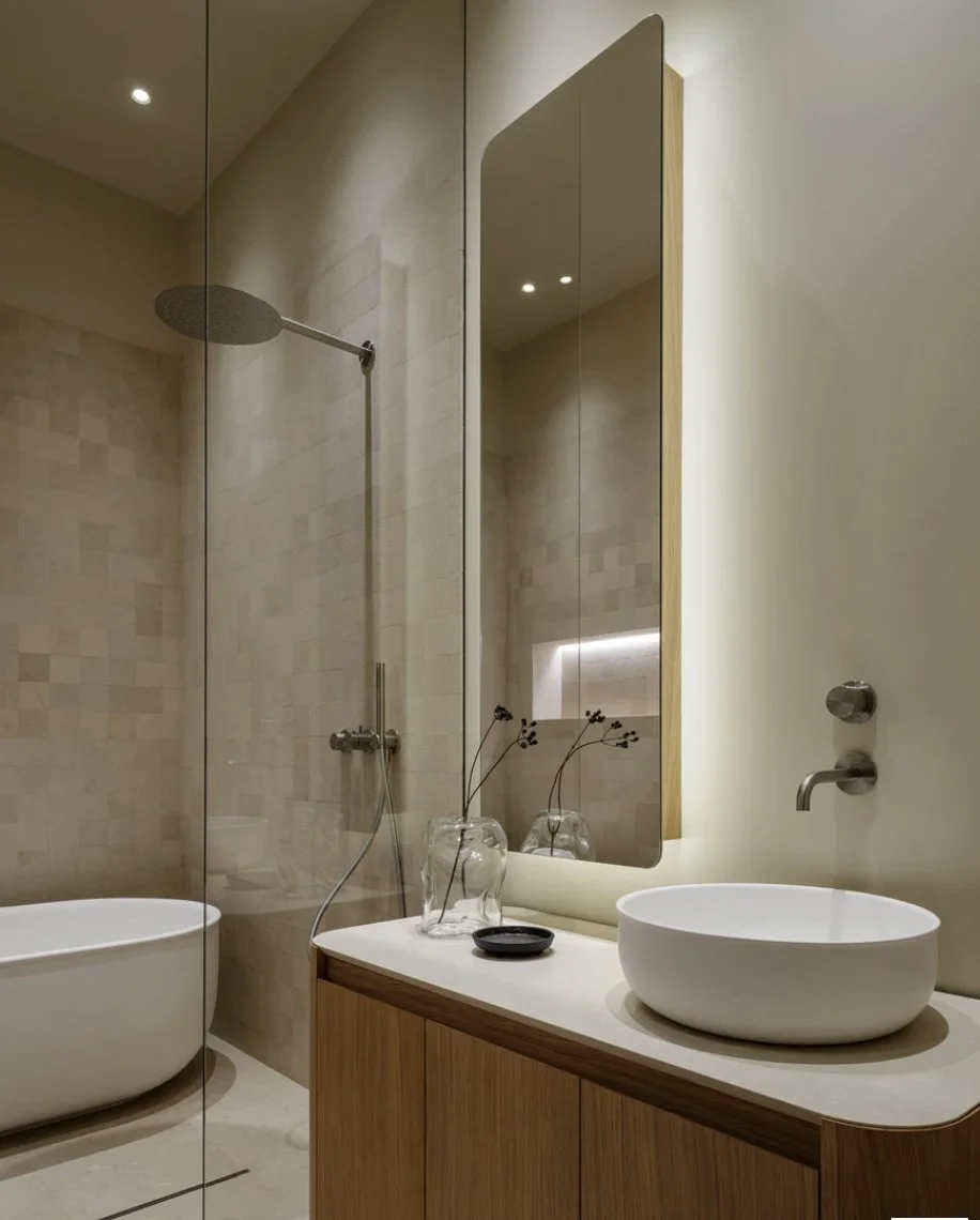 Modern bathroom with a walk-in shower, a freestanding bathtub, a vessel sink on a wooden cabinet, a large mirror, and decorative vases with dried branches.