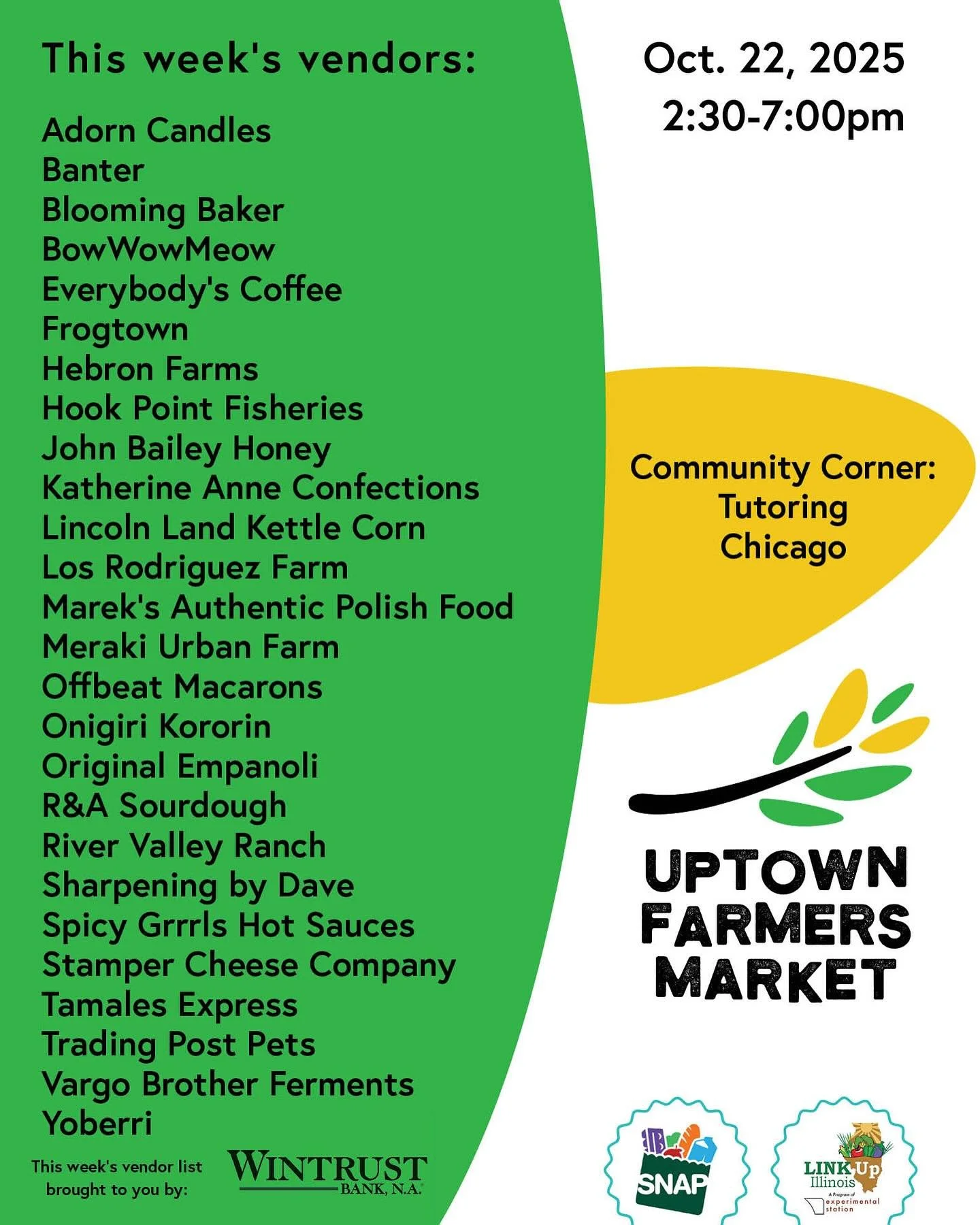 Don’t miss Week 25 of the Uptown Farmers Market!
.
Uptown Farmers Market
Wednesdays
2:30 - 7:00pm (rain or shine)
Sunnyside Mall
accepting SNAP and offering Link Match
see typical vendor list at: ufmchicago.com / link in bio