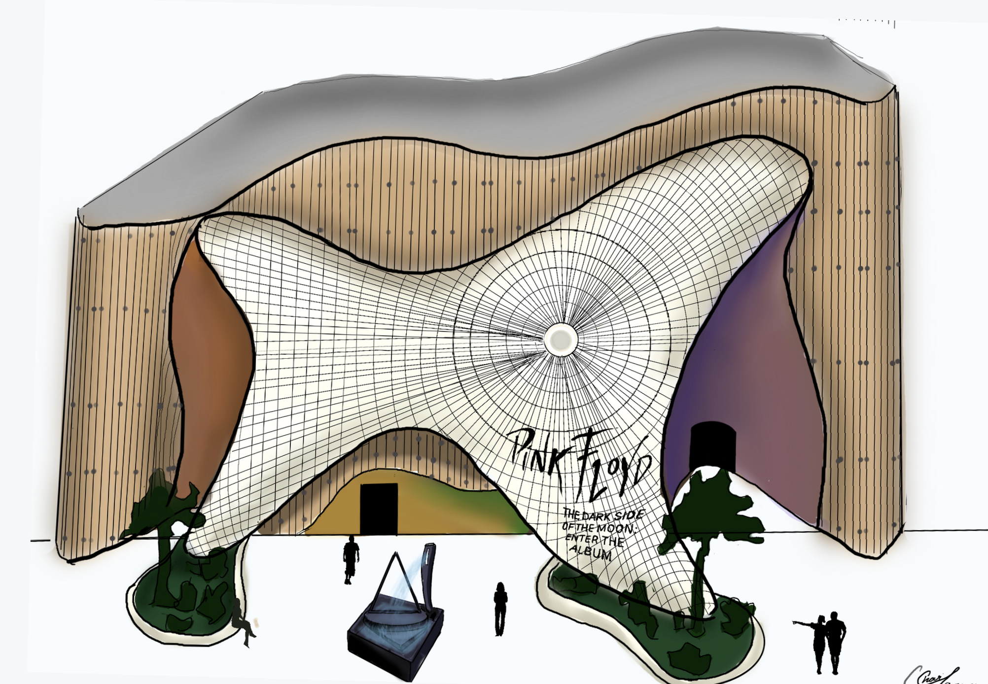 With this design, I was heavily inspired by a guitar. This piece is part of a larger project, a walk-through interactive experience through the songs on the album The Dark Side of the Moon by Pink Floyd. The front facade is lifted off the building an