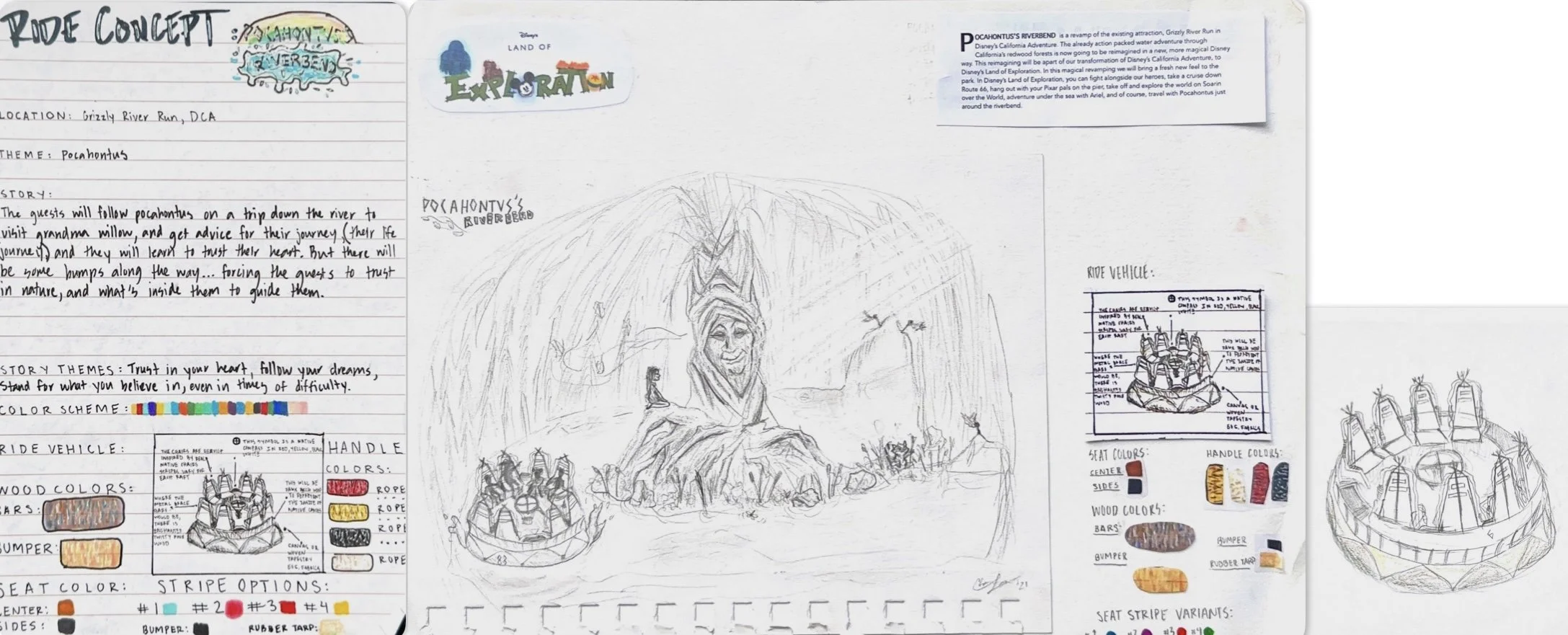 This is a concept spread for a re-theme of Grizzly River Run in Disney's California Adventure to utilize the Pocahontas IP.