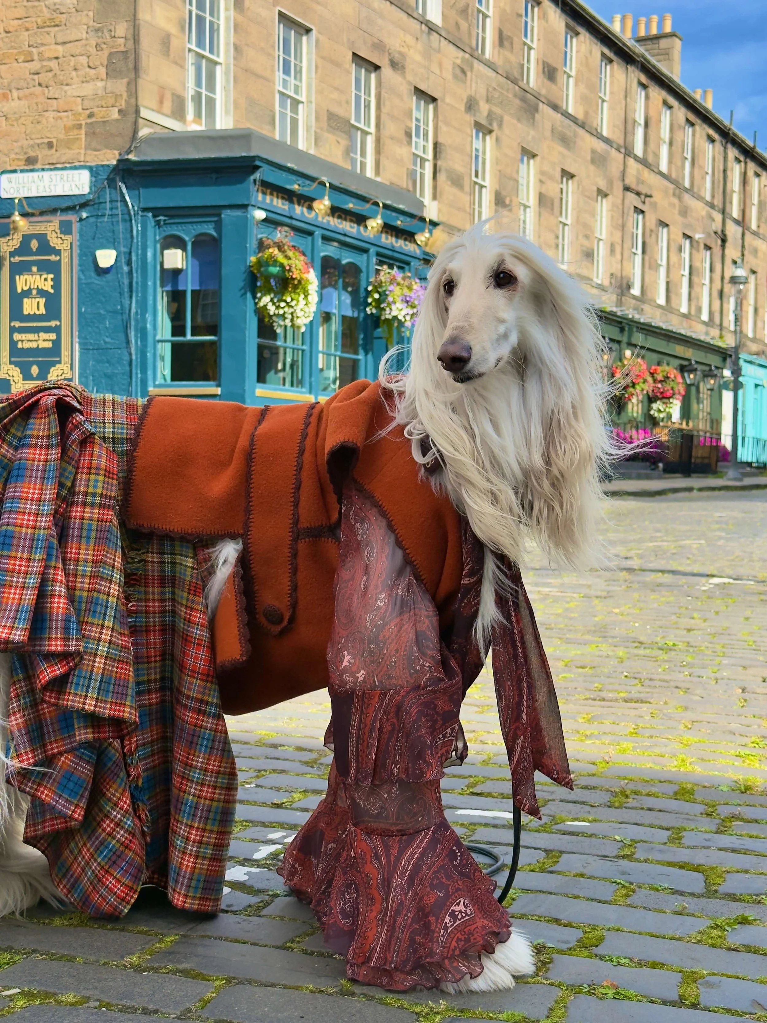 Samantha wearing a Kilt in Edinburgh's West End Village