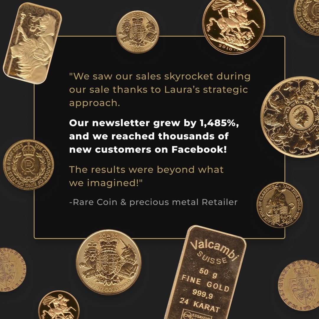 💬 &quot;We saw our sales skyrocket during our sale thanks to Laura&rsquo;s strategic approach. Our newsletter grew by 1,485%, and we reached thousands of new customers on Facebook. The results were beyond what we imagined!&quot;
Helping businesses t