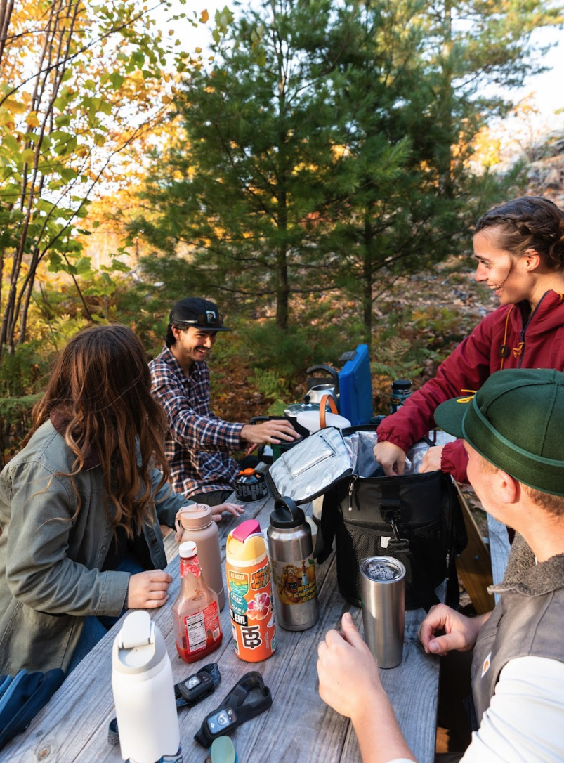 Group of four friends enjoying outdoor picnic in a forested area with trees, drinks, and snacks on a wooden table.
