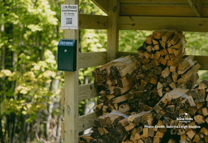 Kiln-dried firewood with fire starter available for purchase at the Welcome Area