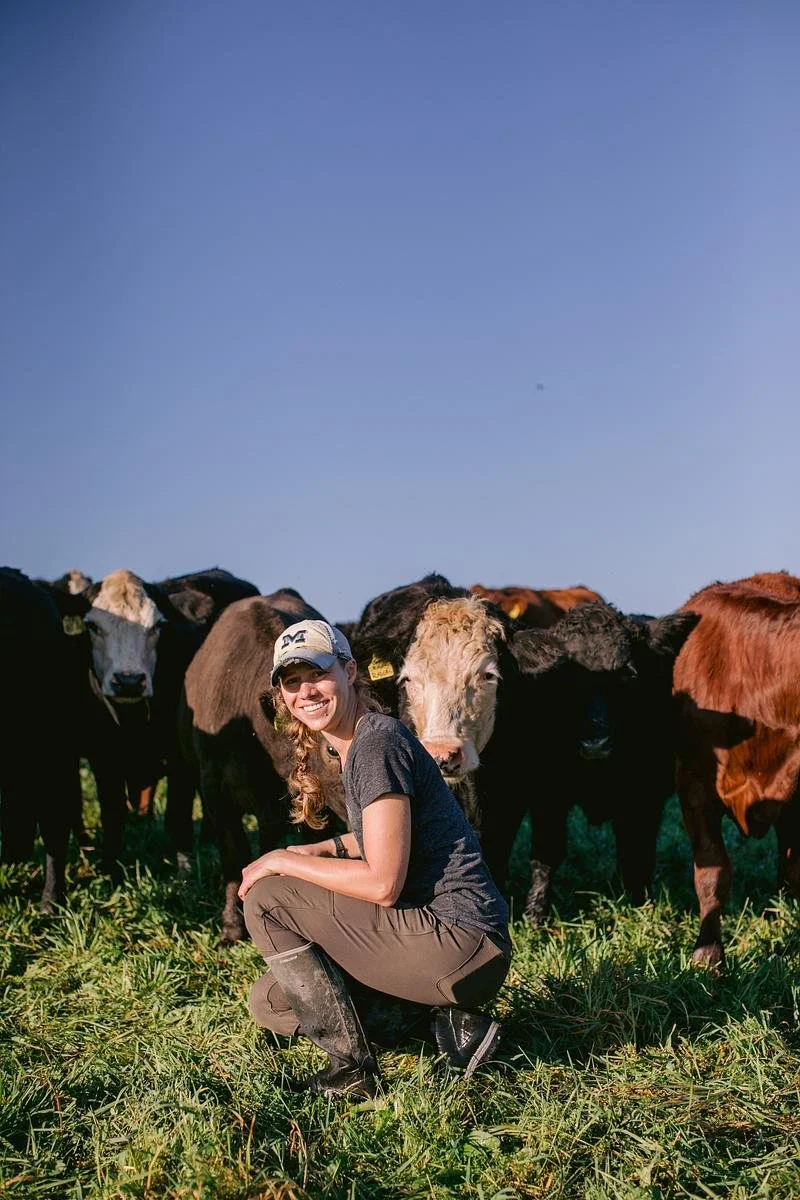 A farmer kneels in a grassy field in front of cattle.