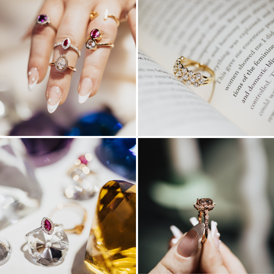 Close-up of hands wearing colorful rings, a gold ring with diamonds, and jewelry on display, including gemstones and decorative jewelry pieces.