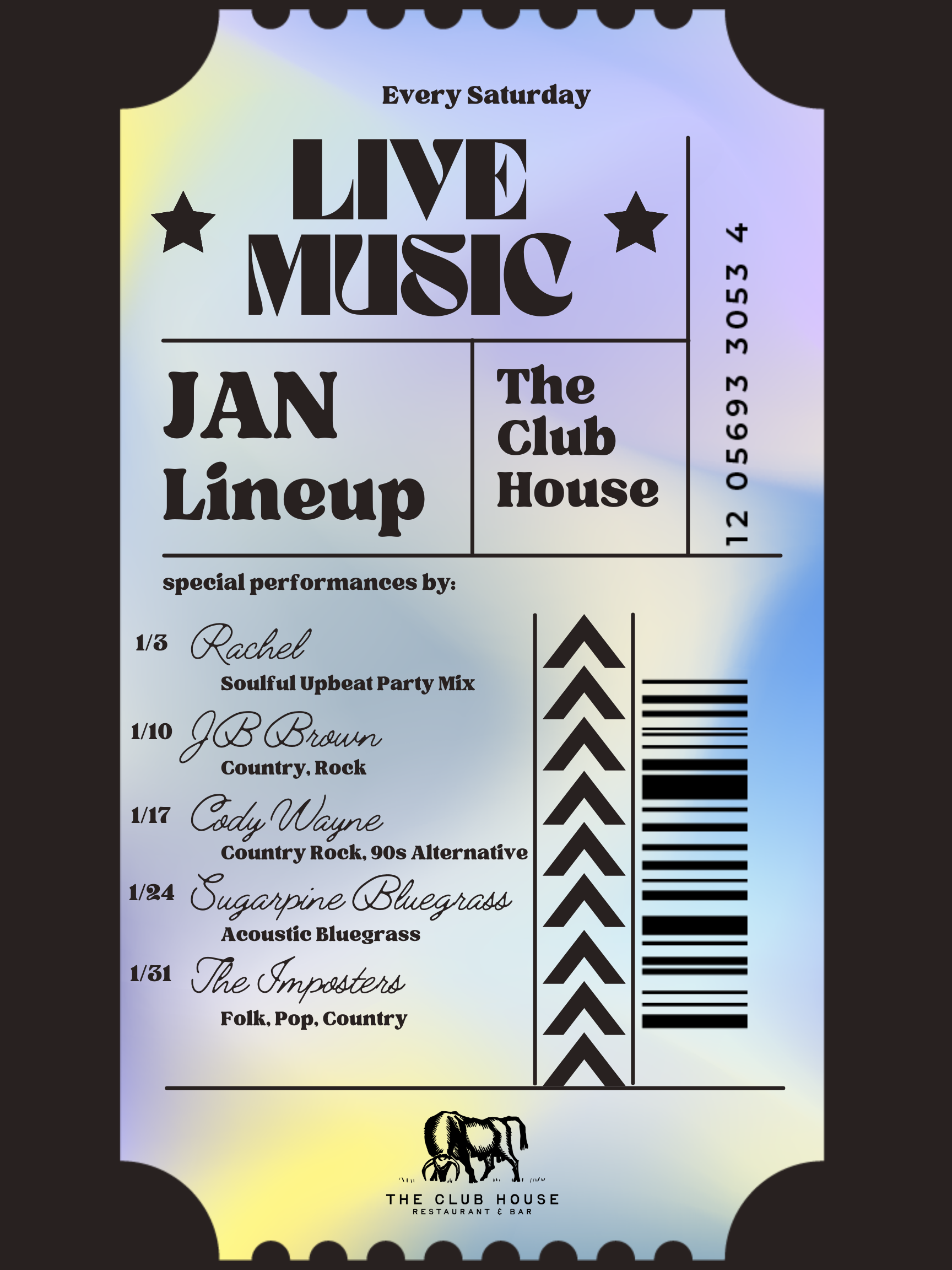 Join us at The Club House in Gardnerville, NV to see your favorite local musicians. January features performances by Rachel McElhiney, JB Brown, Cody Wayne, Sugar Pine Bluegrass, and The Imposters