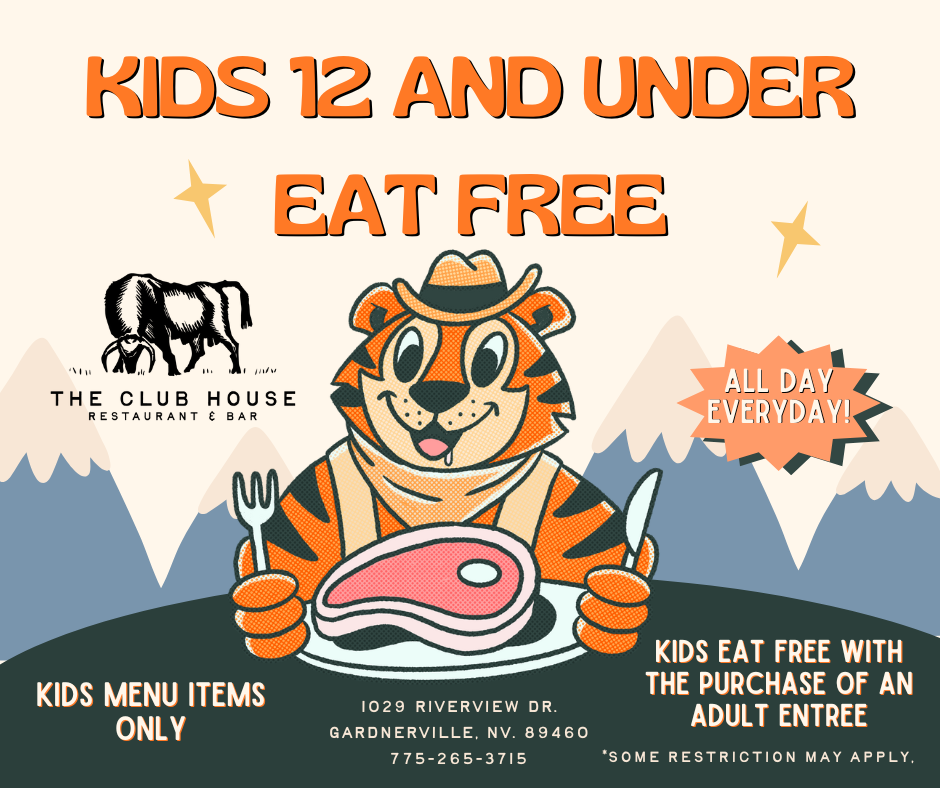 Kids 12 and under eat free with the purchase of an adult meal through December, restrictions may apply