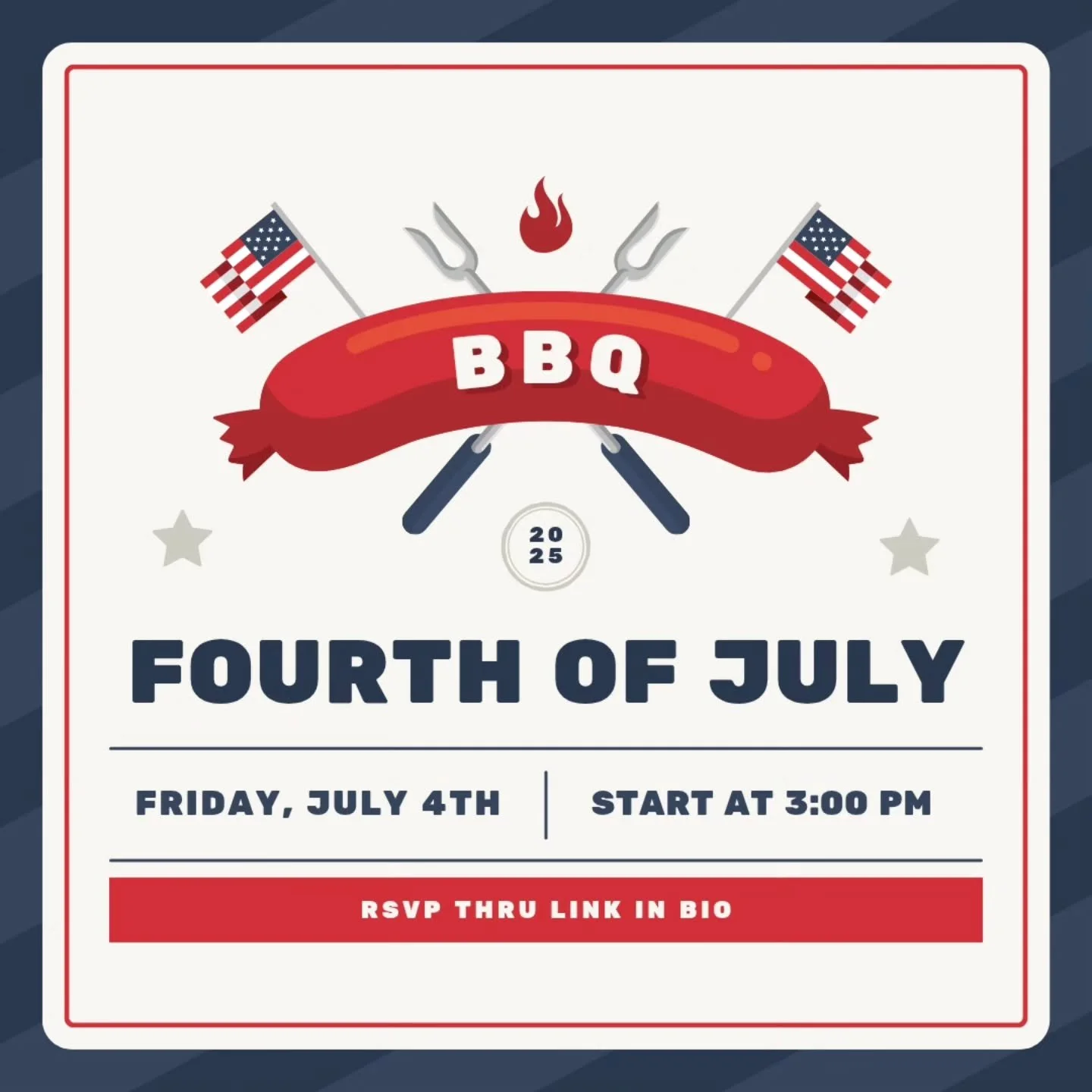 Fourth of July BBQ THIS FRIDAY 🇺🇸 Will you be there?? 👀

Be ready for good friends, grilled food, and fun yard games. Be sure to bring a dish or drink to share, and a couple friends!

RSVP thru link in bio. Address and more info will be listed the