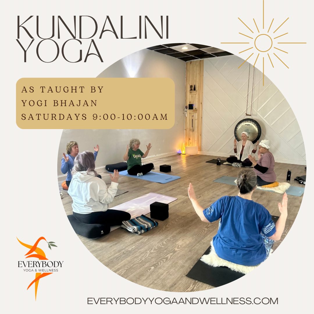 Group yoga class in session, participants stretching with arms raised, at Everybody Yoga & Wellness studio. Text reads: 'Freestyle Yoga Flow, Saturdays 9-10AM, 1245 Horseshoe Pike, Downingtown, PA 19335. Book Now!'