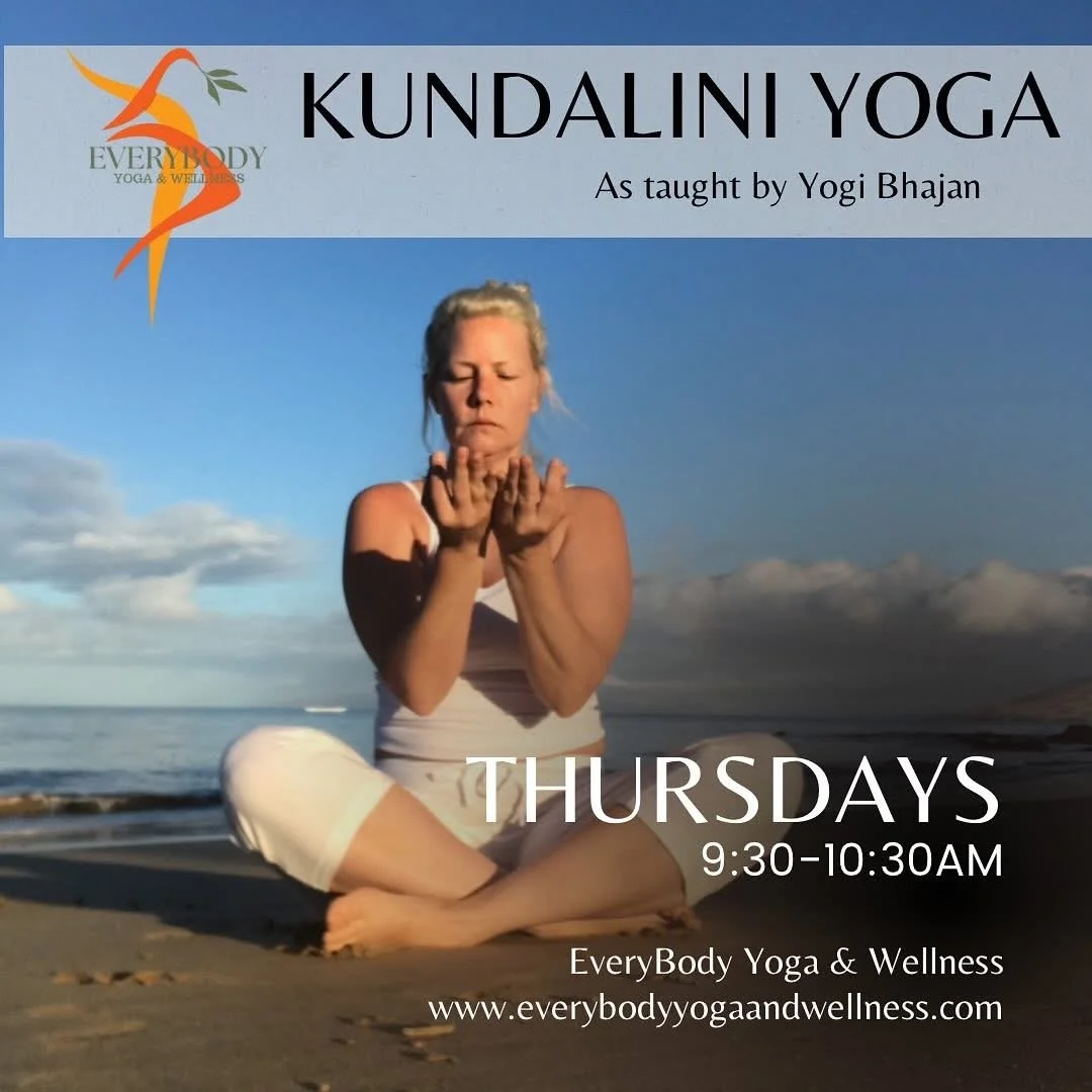 Kundalini yoga class with seated participants in a studio, taught by Yogi Bhajan, held Thursdays from 9:30 to 10:30 AM. Website: everybodyyogaandwellness.com. Logo of Everybody Yoga & Wellness.