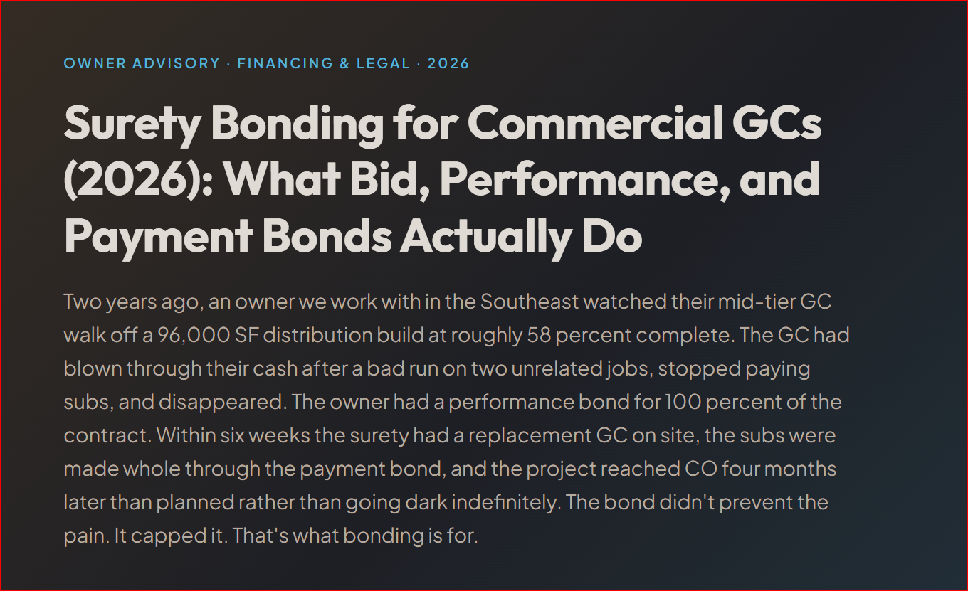 Surety Bonding for Commercial GCs (2026): What Bid, Performance, and Payment Bonds Actually Do