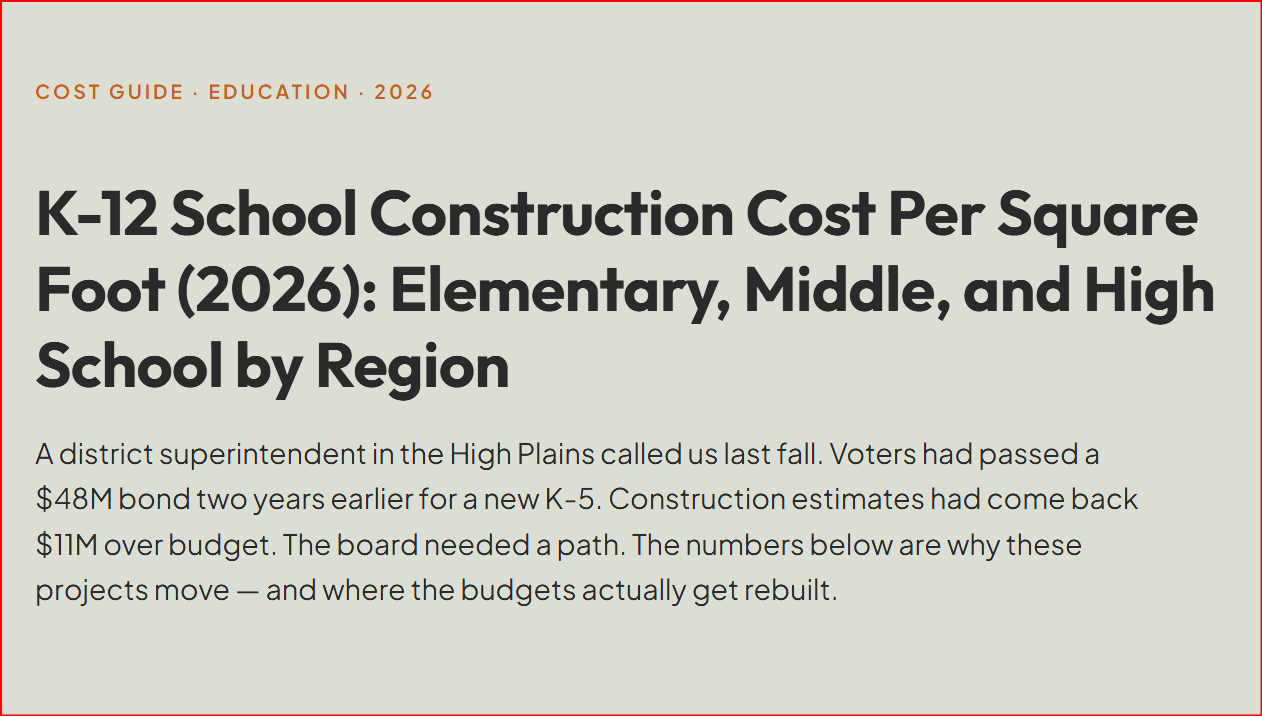 K-12 School Construction Cost Per Square Foot (2026): Elementary, Middle, and High School by Region