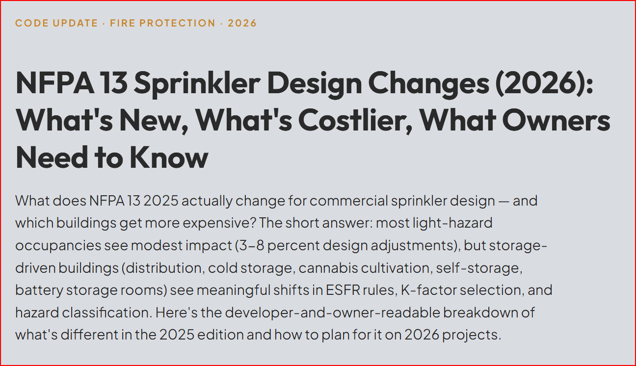 NFPA 13 Sprinkler Design Changes (2026): What's New, What's Costlier, What Owners Need to Know