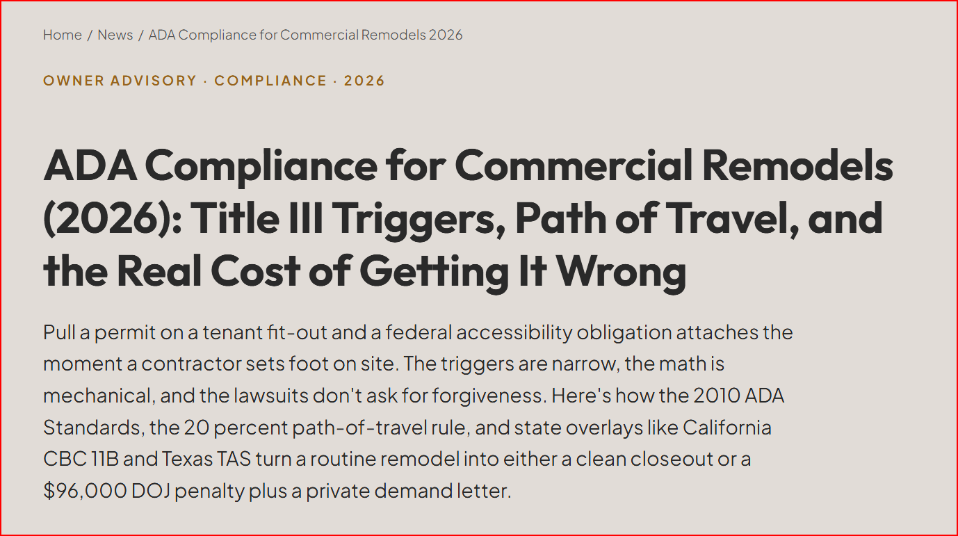 ADA Compliance for Commercial Remodels (2026): Title III Triggers, Path of Travel, and the Real Cost of Getting It Wrong