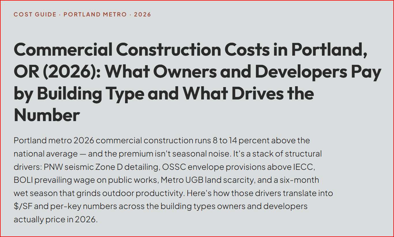 Commercial Construction Costs in Portland, OR (2026): What Owners and Developers Pay by Building Type and What Drives the Number