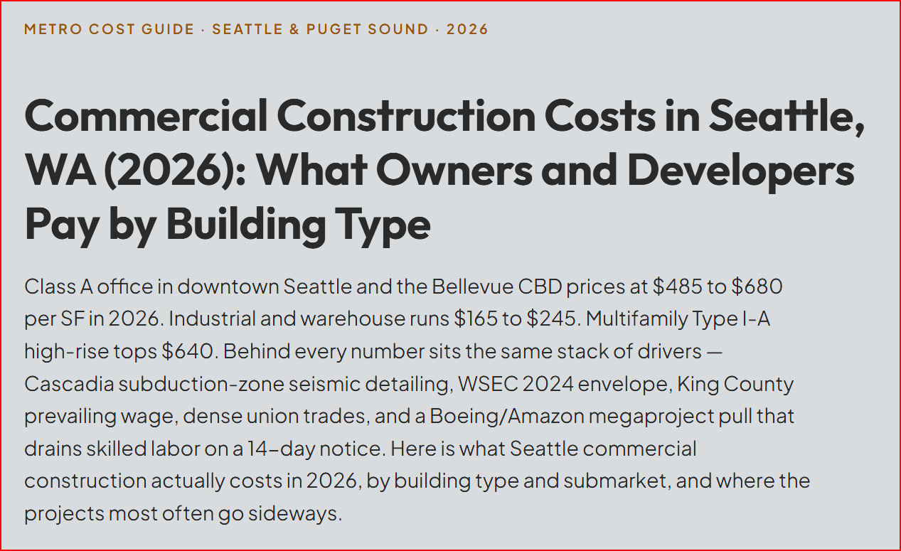 Commercial Construction Costs in Seattle, WA (2026): What Owners and Developers Pay by Building Type
