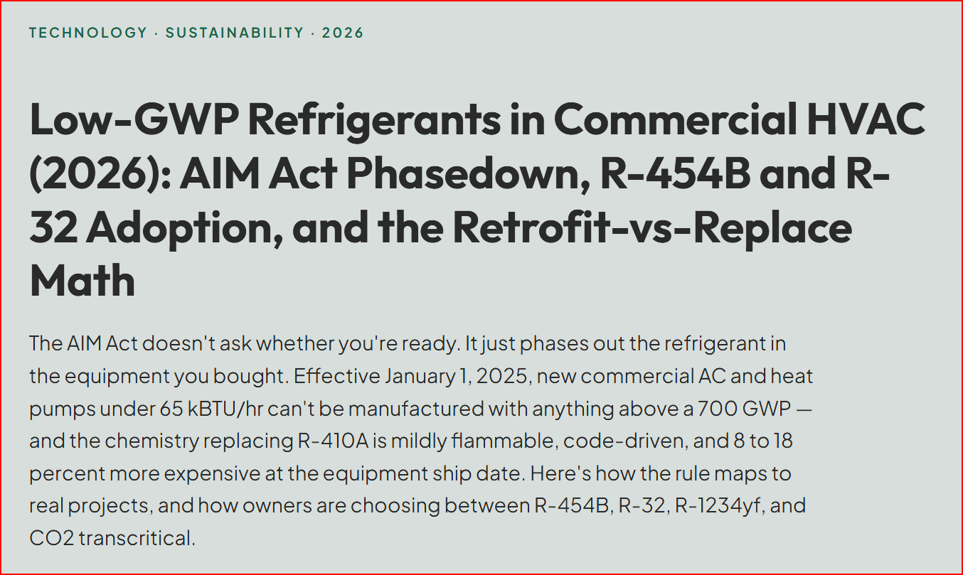 Low-GWP Refrigerants in Commercial HVAC (2026): AIM Act Phasedown, R-454B and R-32 Adoption, and the Retrofit-vs-Replace Math