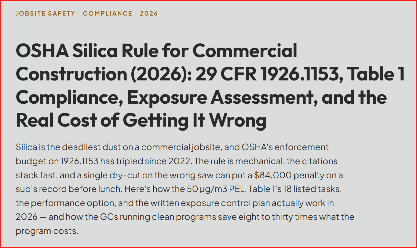 OSHA Silica Rule for Commercial Construction (2026): 29 CFR 1926.1153, Table 1 Compliance, Exposure Assessment, and the Real Cost of Getting It Wrong