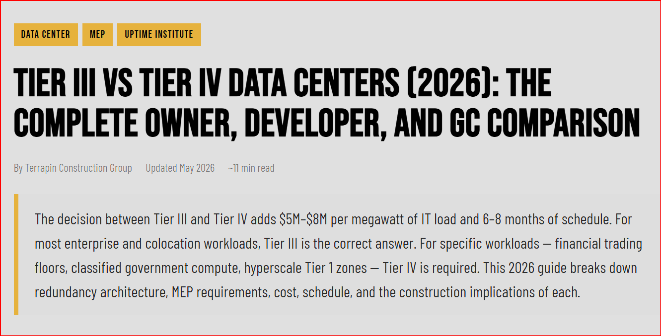 Tier III vs Tier IV Data Centers (2026): The Complete Owner, Developer, and GC Comparison